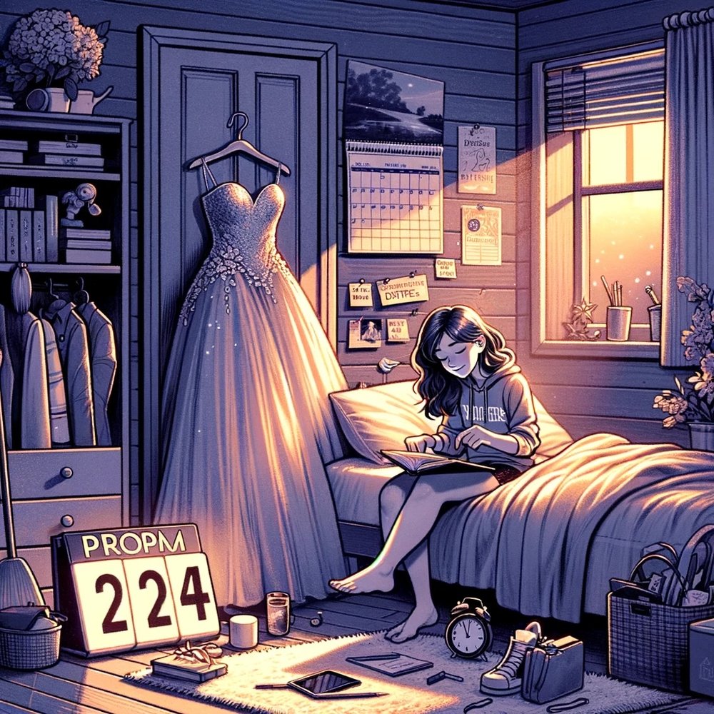 DALL·E 2024-02-10 20.22.31 - An illustration depicting a high school student preparing for prom night, emphasizing the importance of rest. The scene shows a teenage girl in her be.jpeg