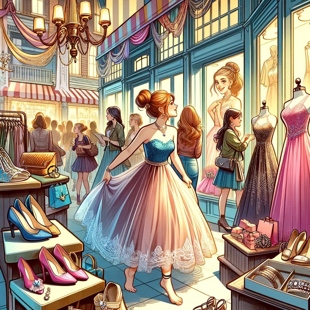 DALL·E 2024-02-10 20.24.04 - An illustration in the same style as the previous, depicting a high school girl shopping for her prom dress, shoes, and jewelry. The scene is set in a.jpeg