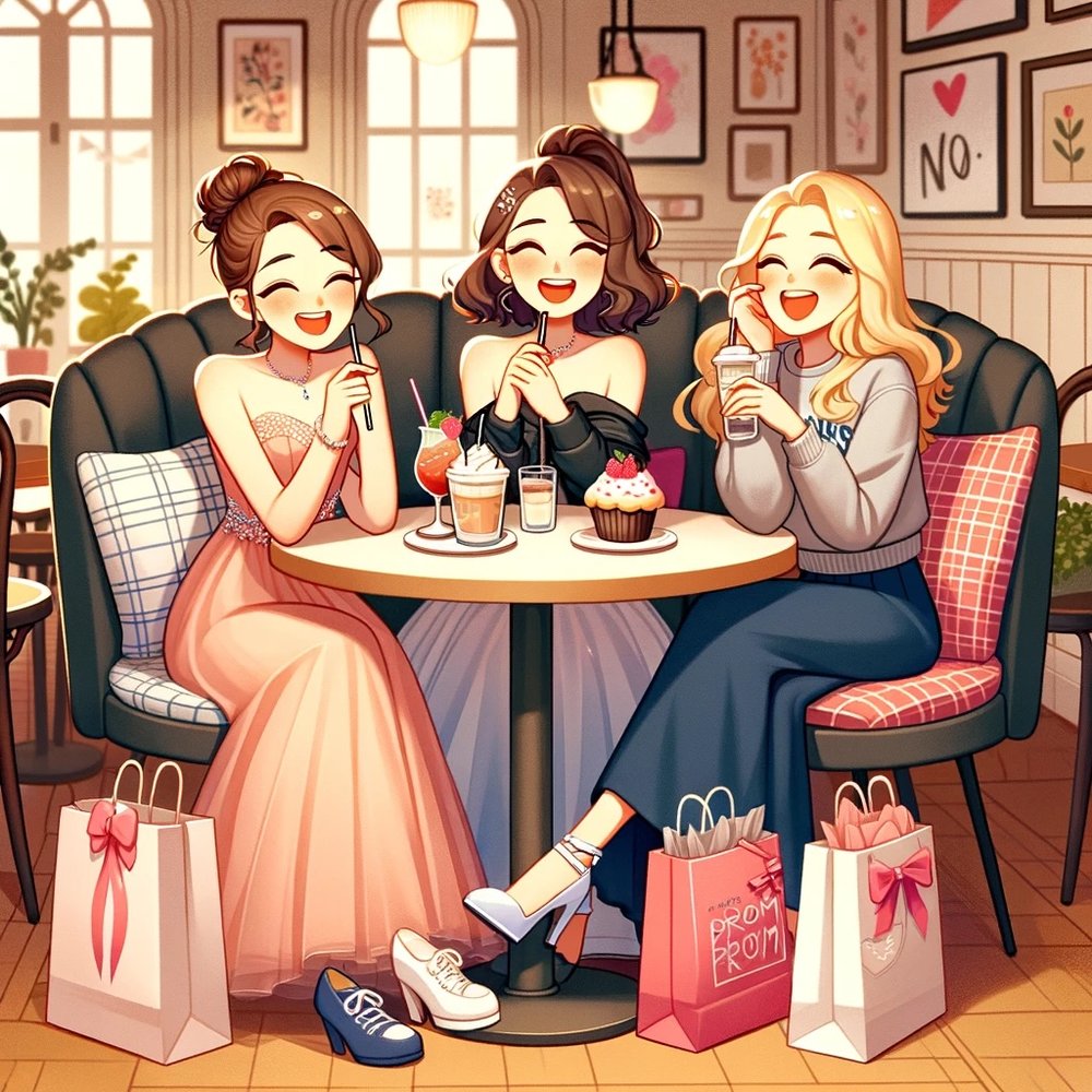 DALL·E 2024-02-10 20.27.06 - Continuing in the same illustration style, depict a high school girl having a happy time at a café with her two friends, with their shopping bags besi.jpeg