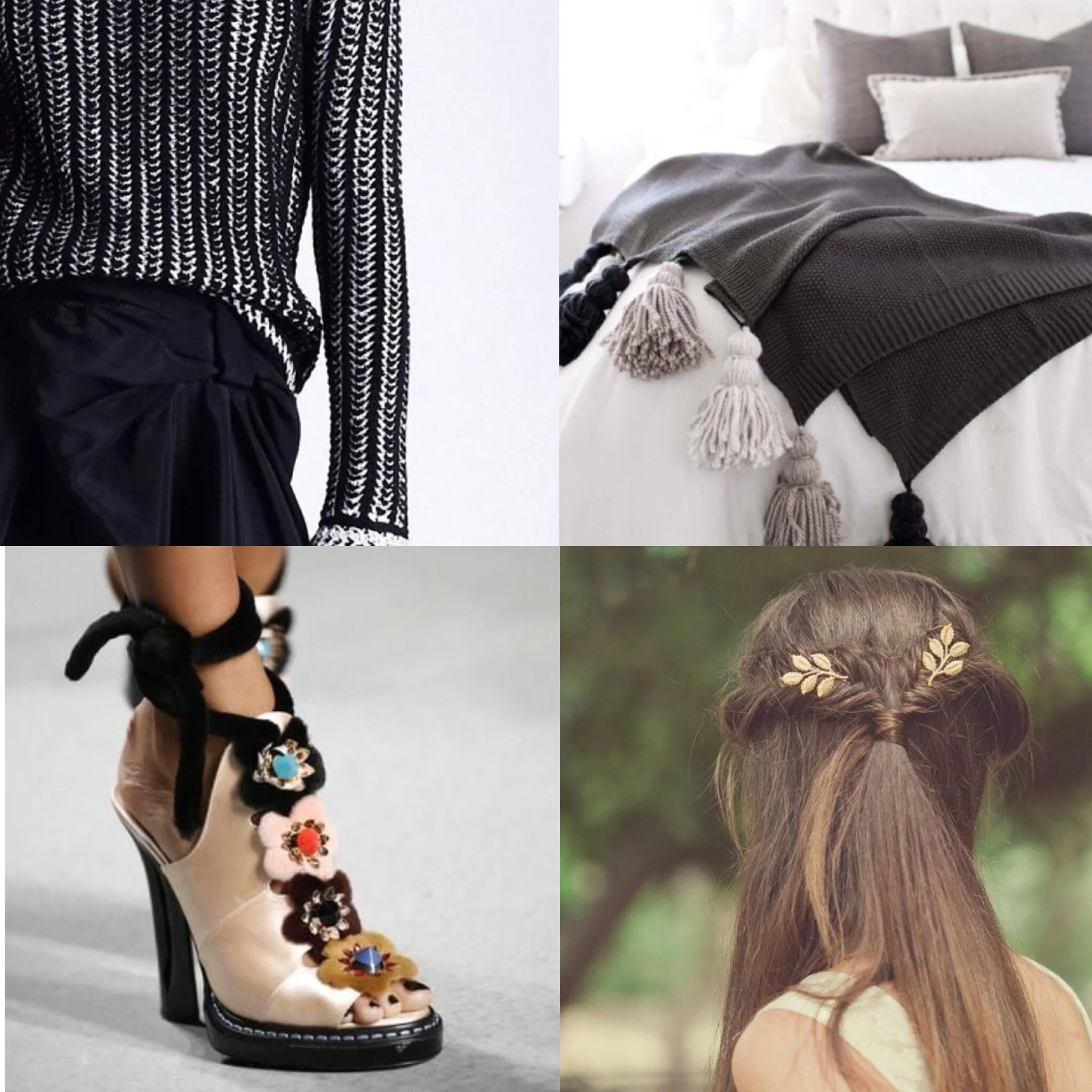 TOP (RIGHT TO LEFT) VIKTOR & ROLF PRE-FALL 2013 - DIY TASSEL BLANKET FROM TELL LOVE AND CHOCOLATE BOTTOM (RIGHT TO LEFT) FENDI SPRING 16 - GRECIAN HAIR PIN FROM ECHOANDLAUREL