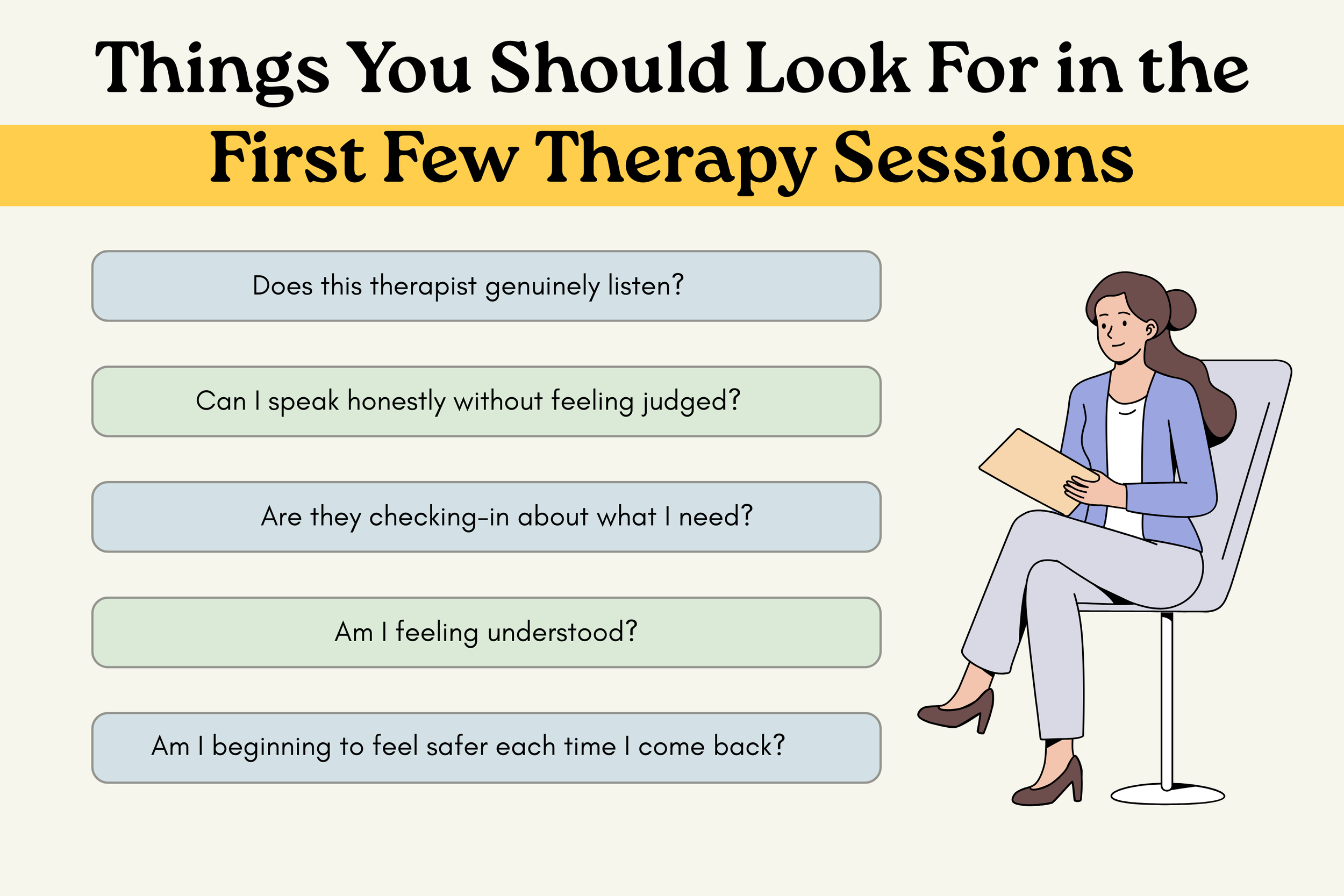Checklist explaining what to observe during the first few therapy sessions when deciding whether a therapist is a good long-term fit.