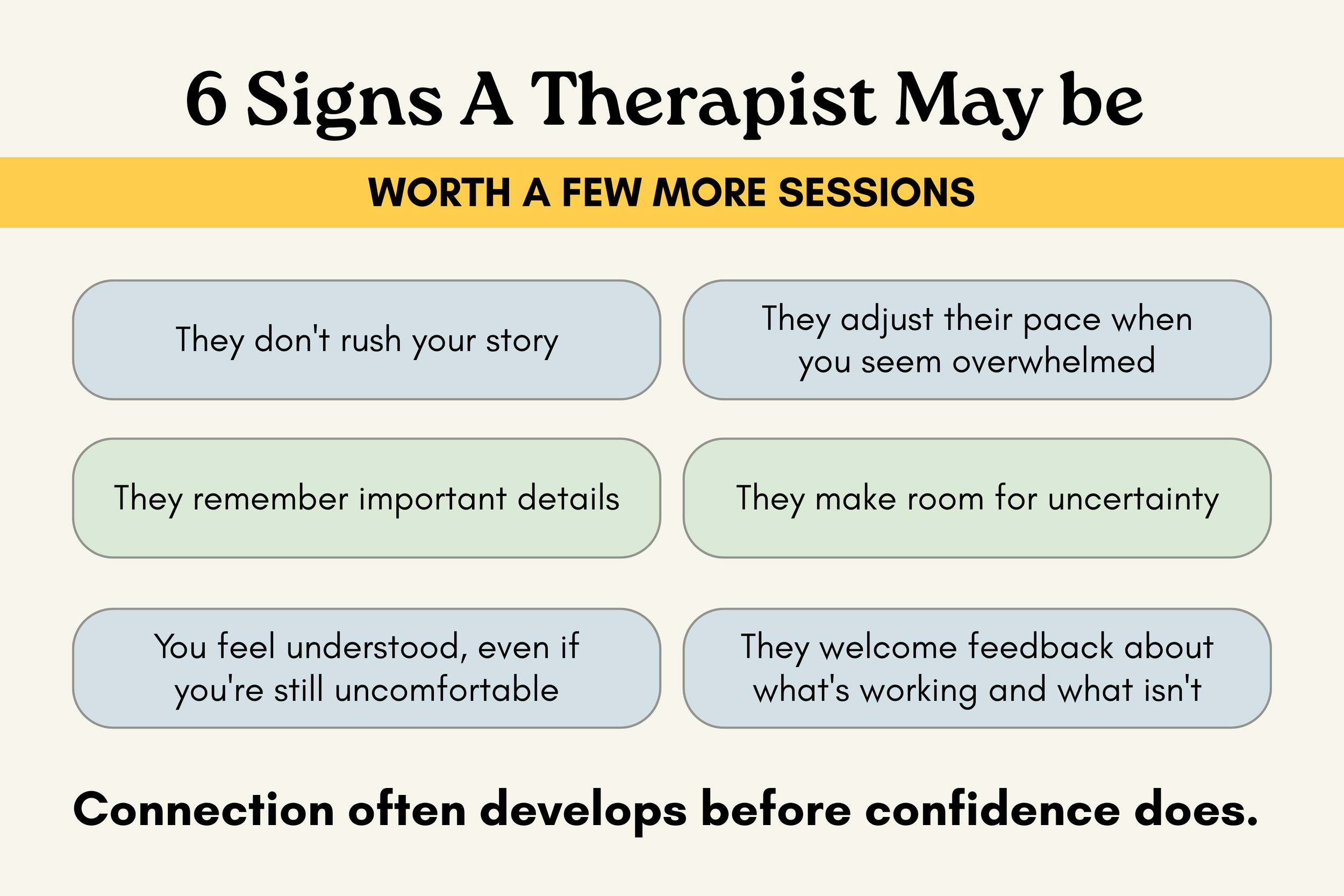 Green flags checklist showing signs that a therapist may be a good fit even if the first session feels uncomfortable or emotionally intense.
