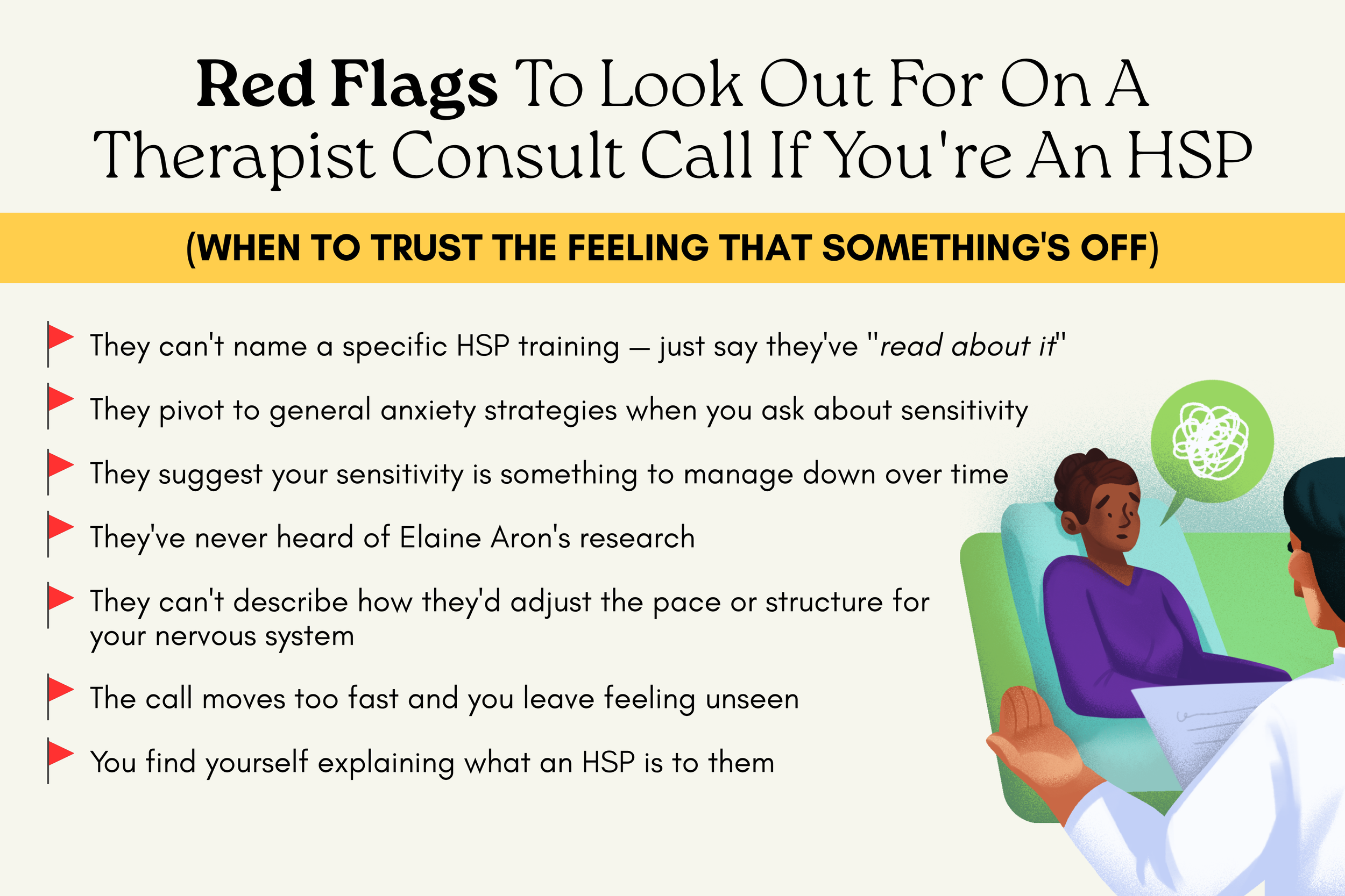 Red flags when choosing a therapist as an HSP — highly sensitive person therapist consult call warning signs, HSP therapy fit checklist