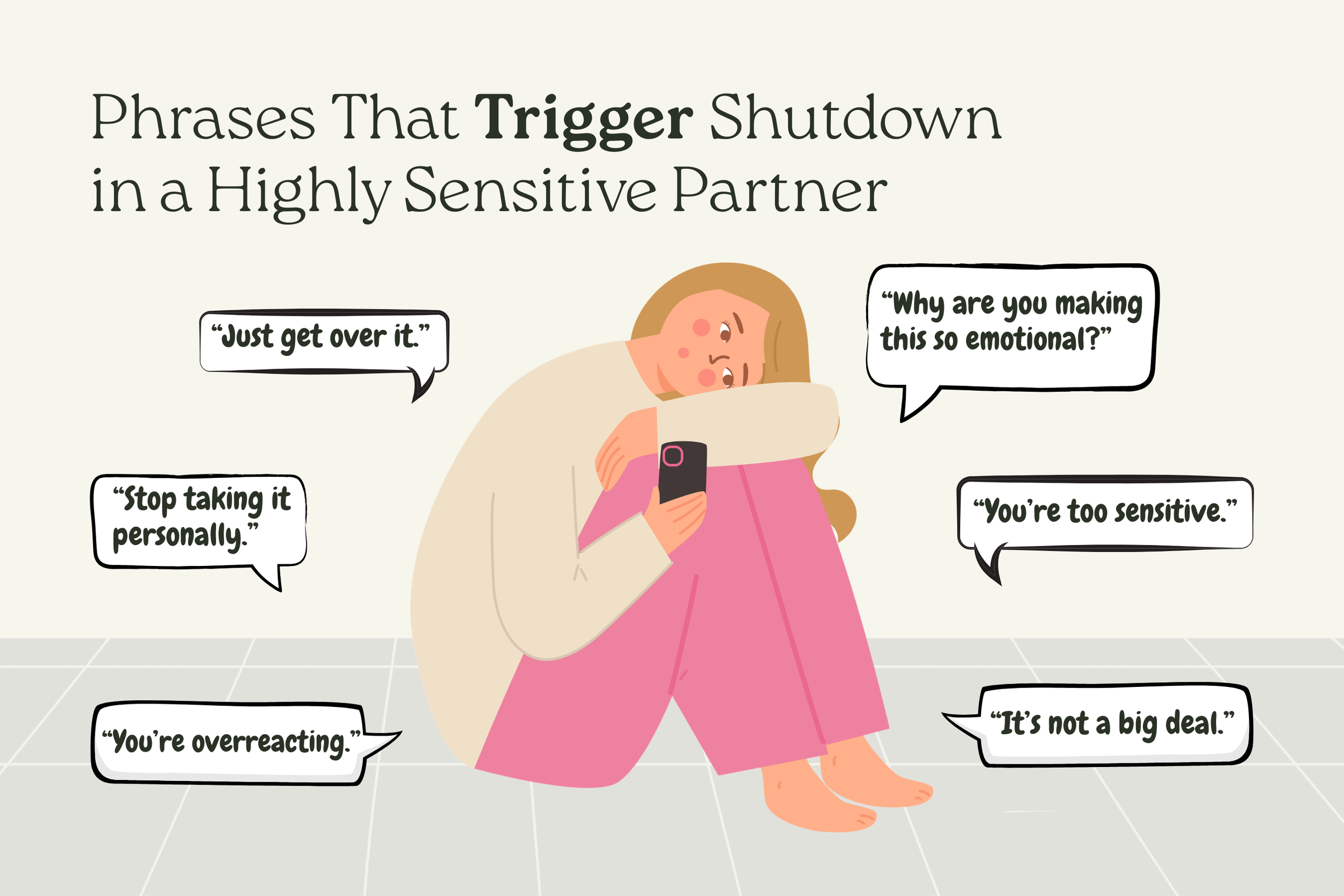 Infographic listing common phrases that trigger shutdown in a highly sensitive partner and harm emotional safety.