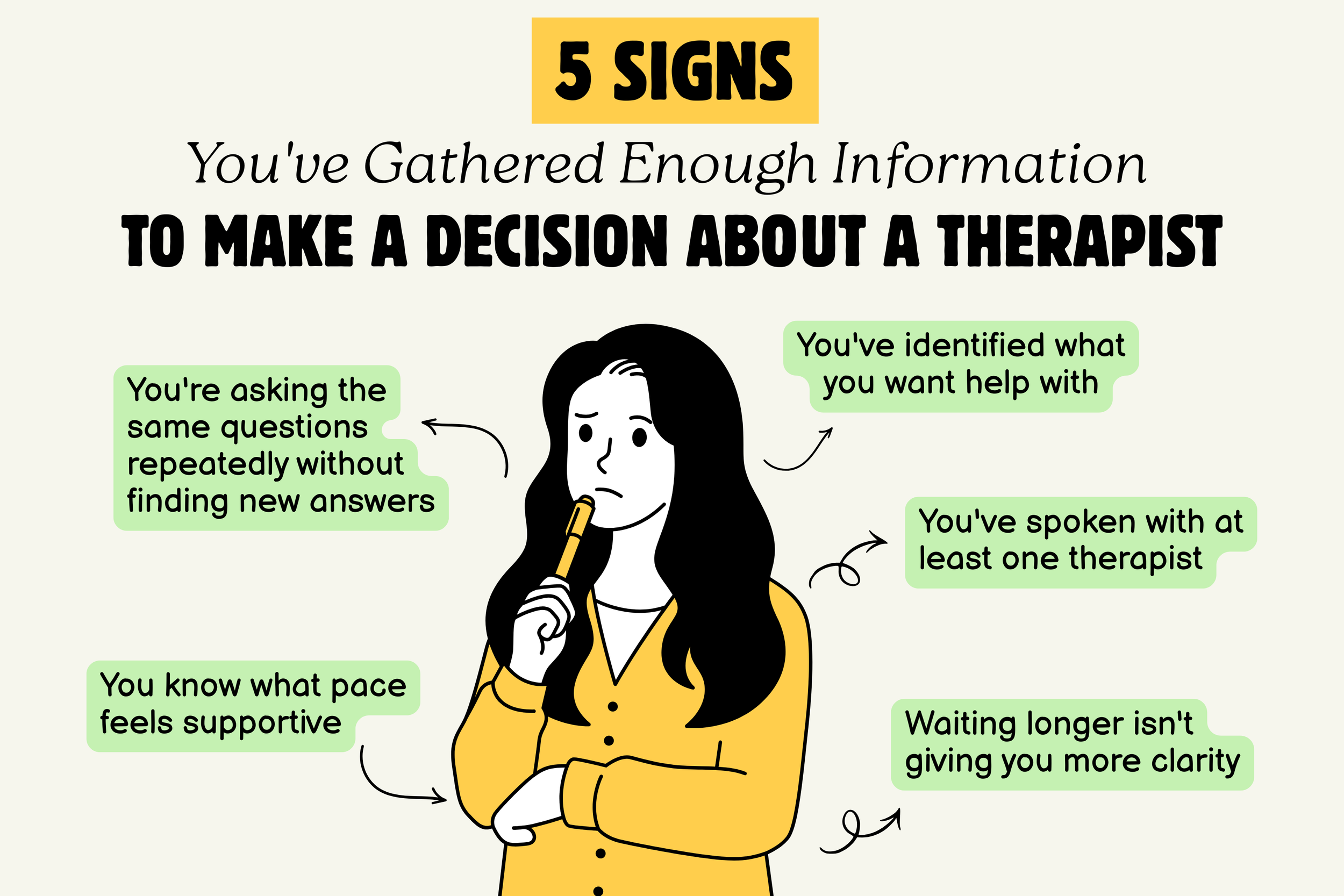 Checklist infographic showing five signs you've gathered enough information to choose a therapist and stop endlessly researching therapy options.