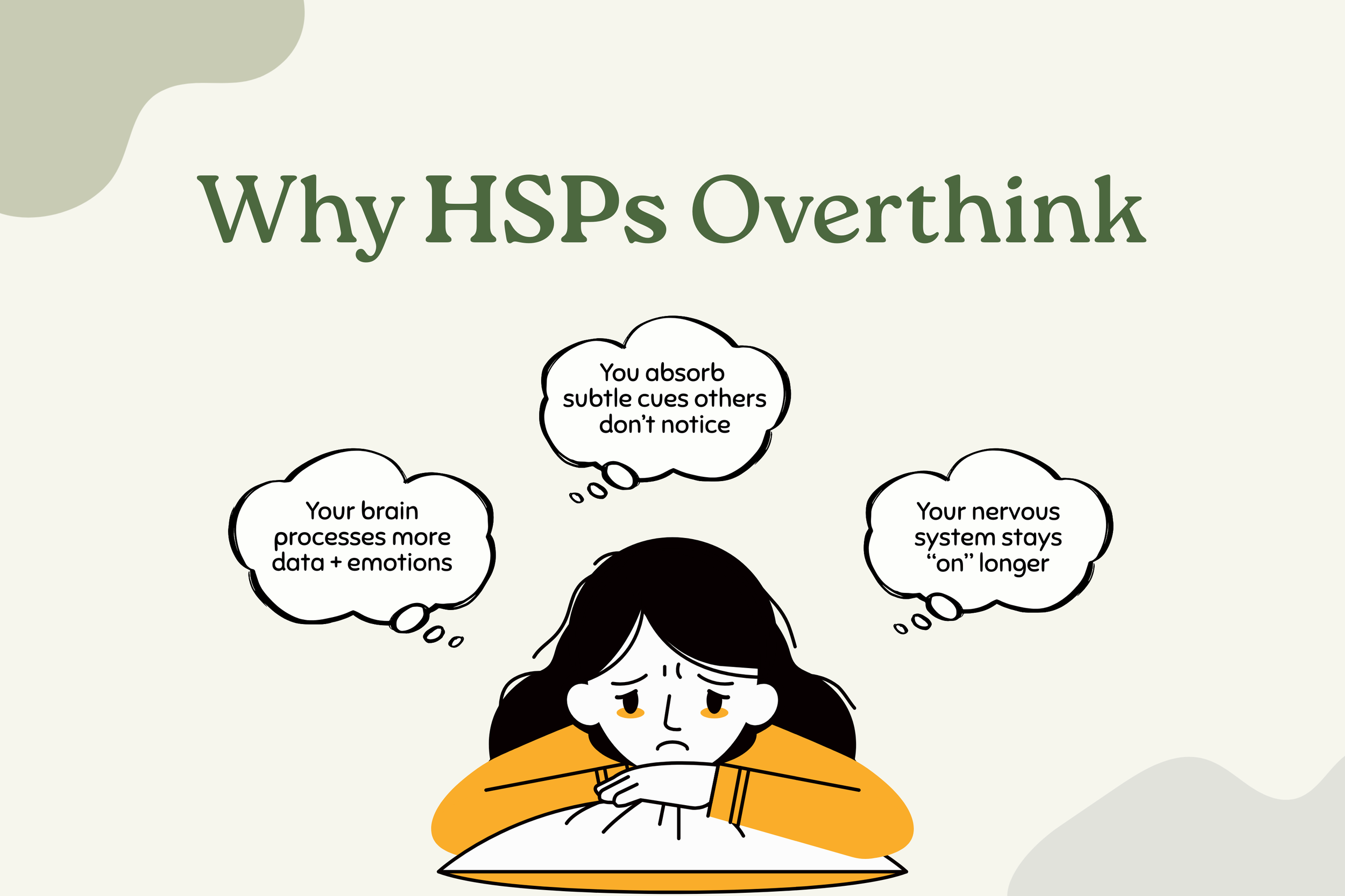 Text graphic explaining why highly sensitive people overthink more deeply due to increased sensory processing, emotional intensity, and nervous system alertness.