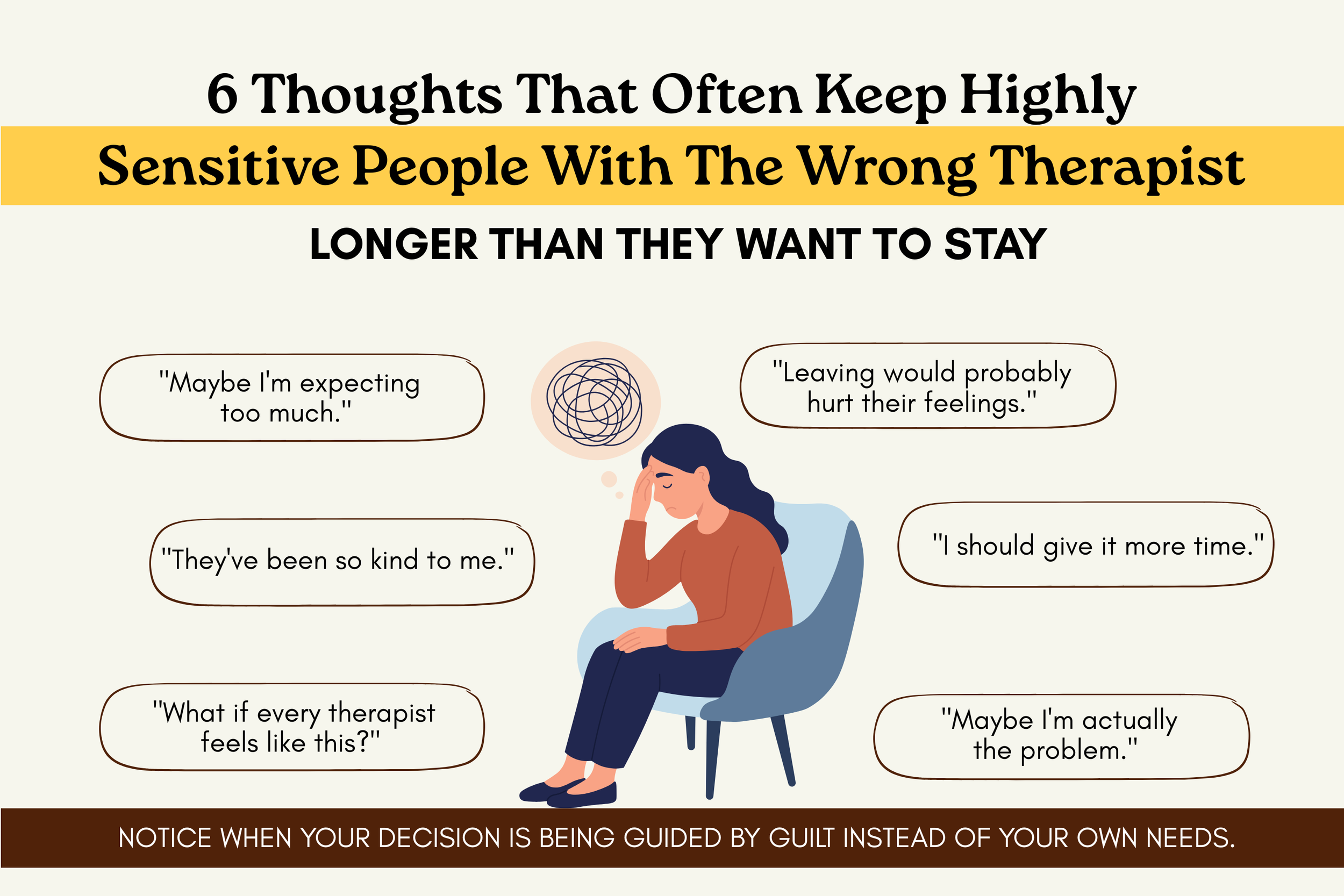 Checklist showing common self-doubting thoughts that keep highly sensitive people staying with the wrong therapist out of guilt instead of choosing the right therapeutic fit.