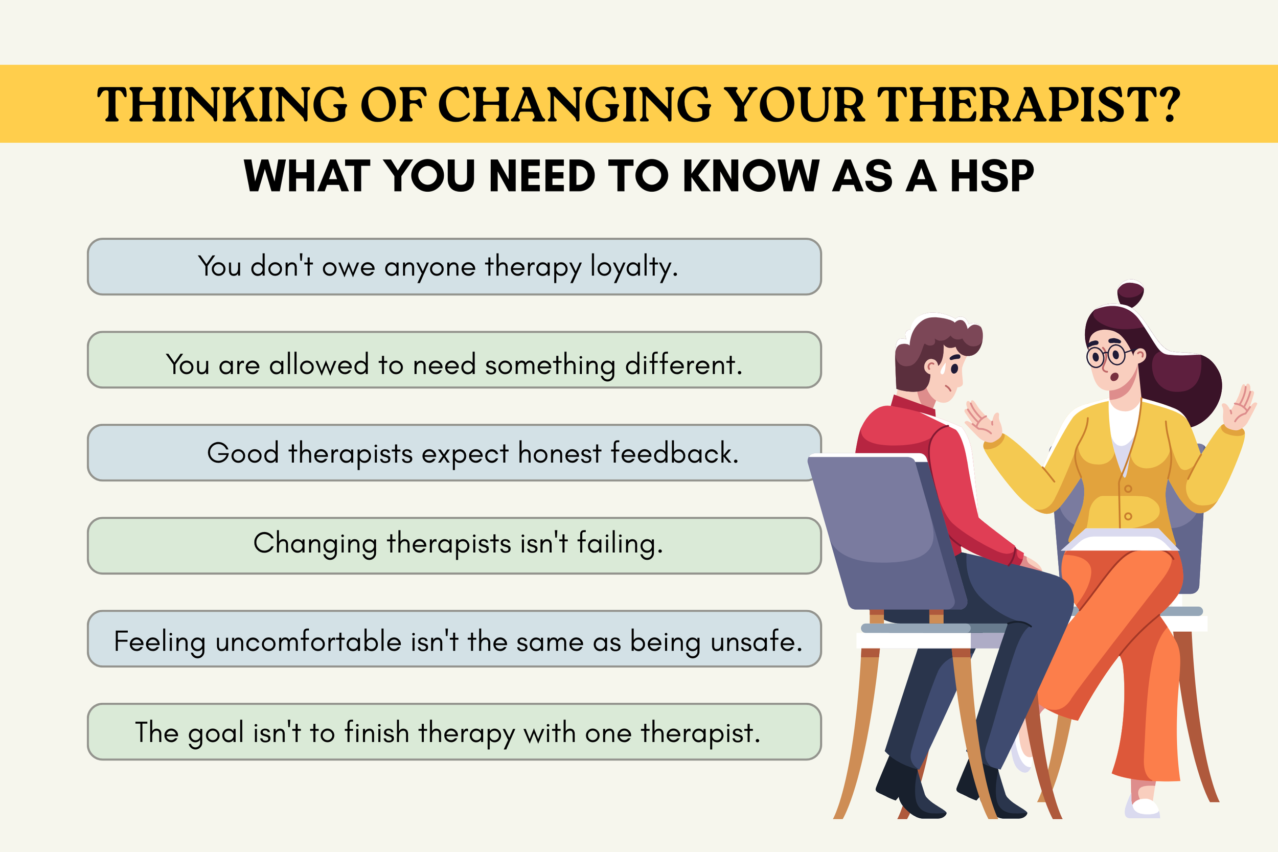 Checklist reminding therapy clients that changing therapists is sometimes a healthy decision and does not mean therapy has failed.
