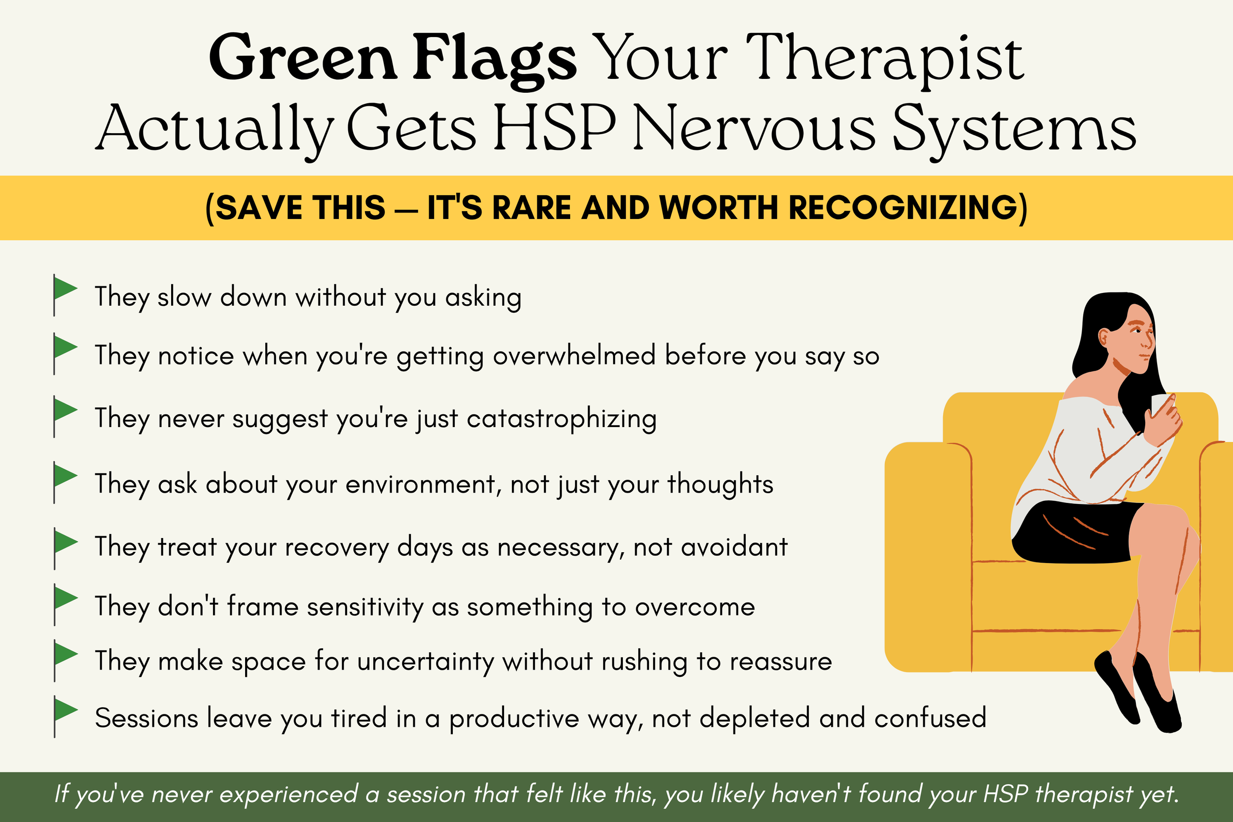 Green flags in an HSP therapist — what good therapy feels like for a highly sensitive person, HSP-informed therapy checklist