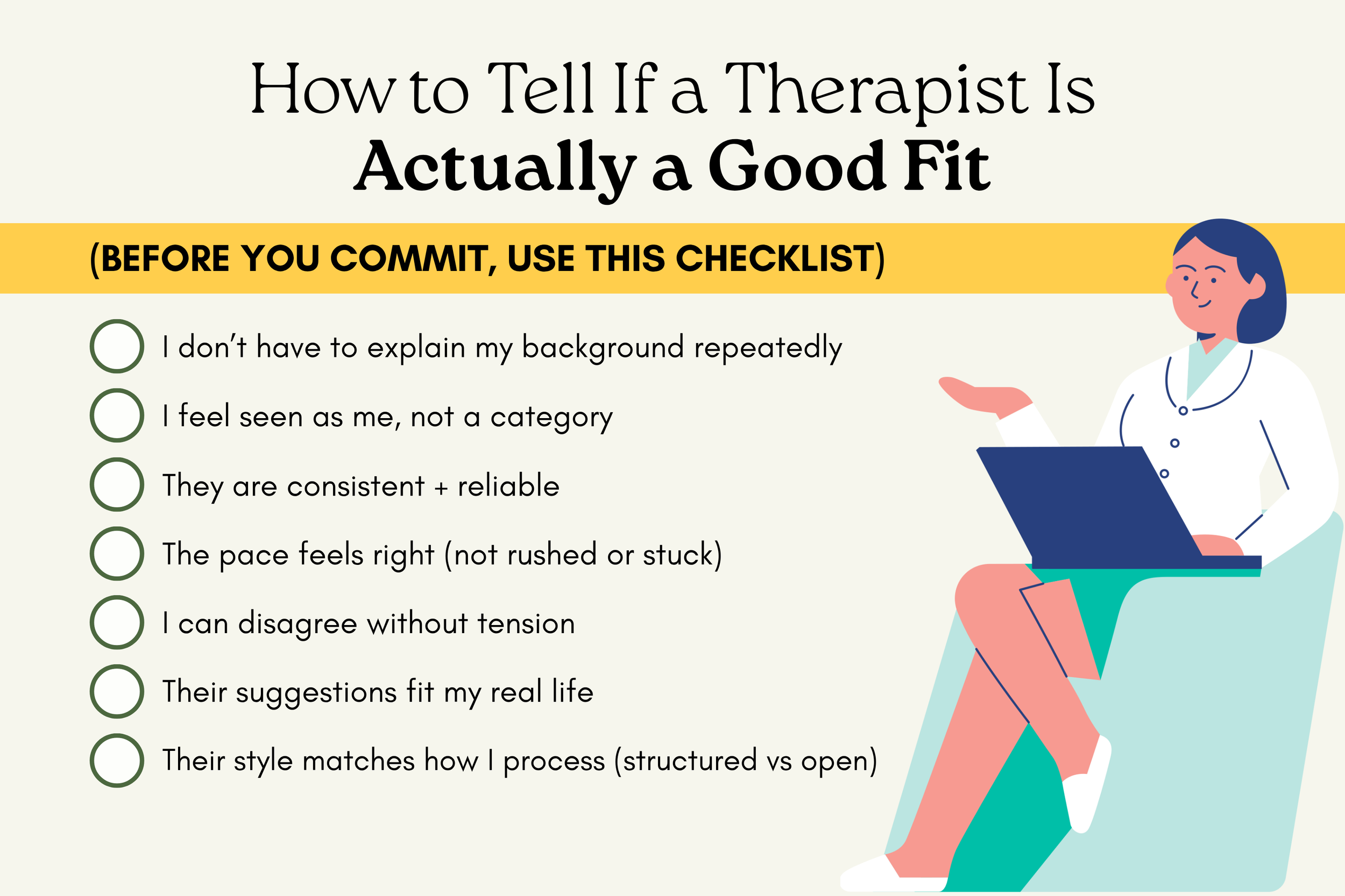 Therapist fit checklist showing signs of a good therapist match, including feeling understood, matched therapy style, pacing, and emotional safety