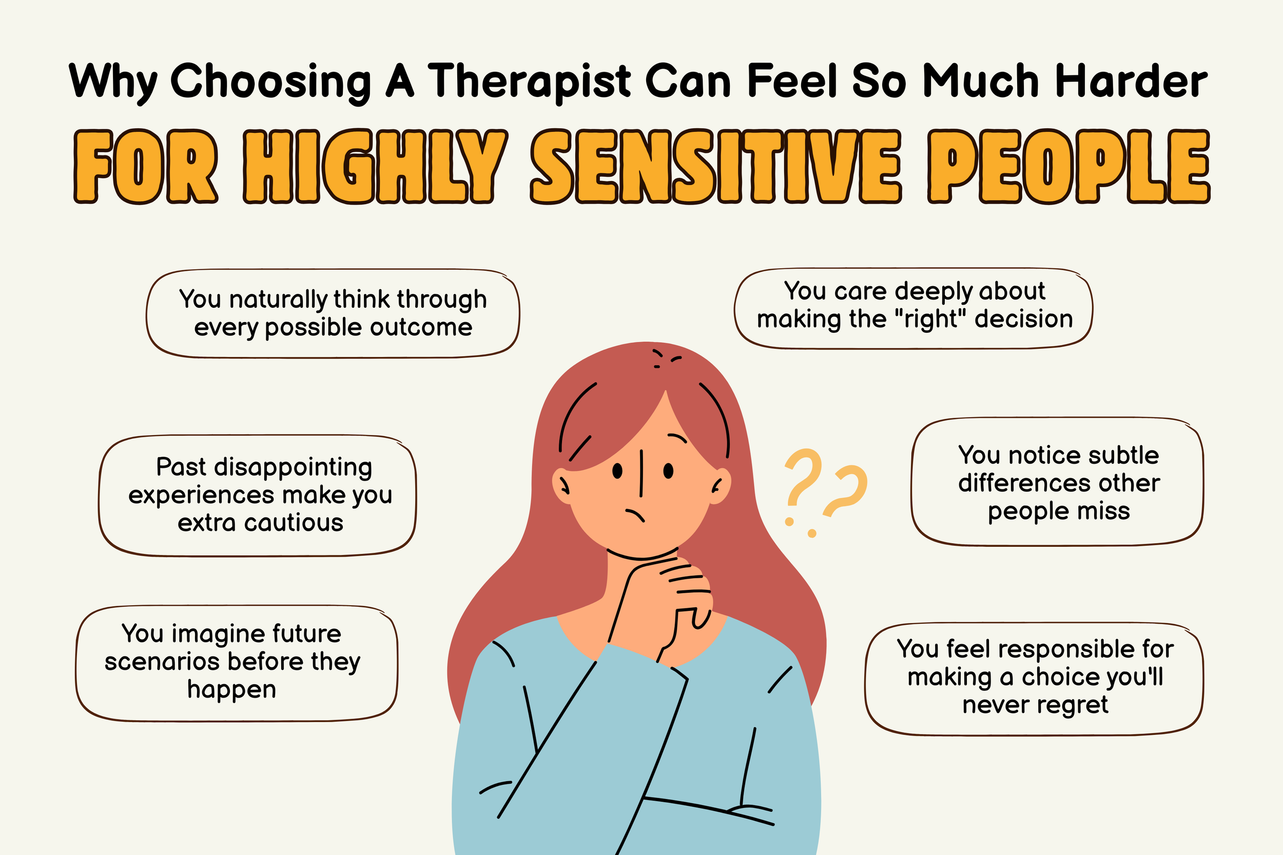 infographic explaining why highly sensitive people often find choosing a therapist more difficult because of deep processing, overthinking, fear of making the wrong decision, and decision paralysis.