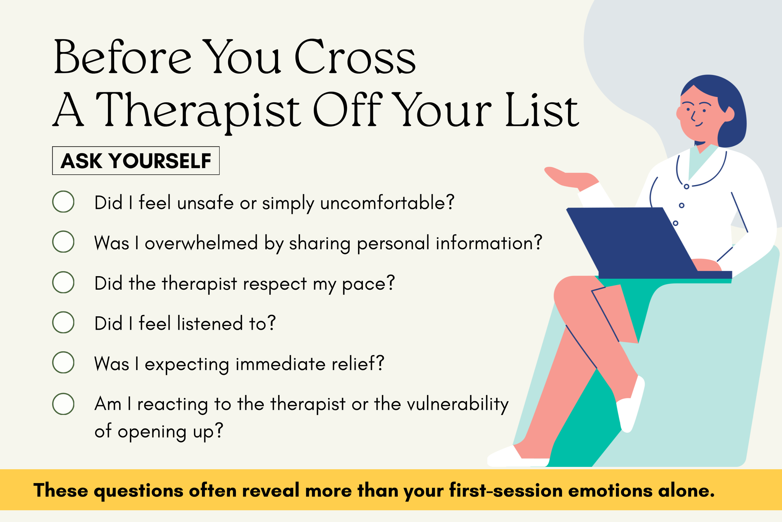 Checklist showing common reasons a first therapy session can feel emotionally intense, including vulnerability, nervous system activation, unfamiliar surroundings, and hope for relief.