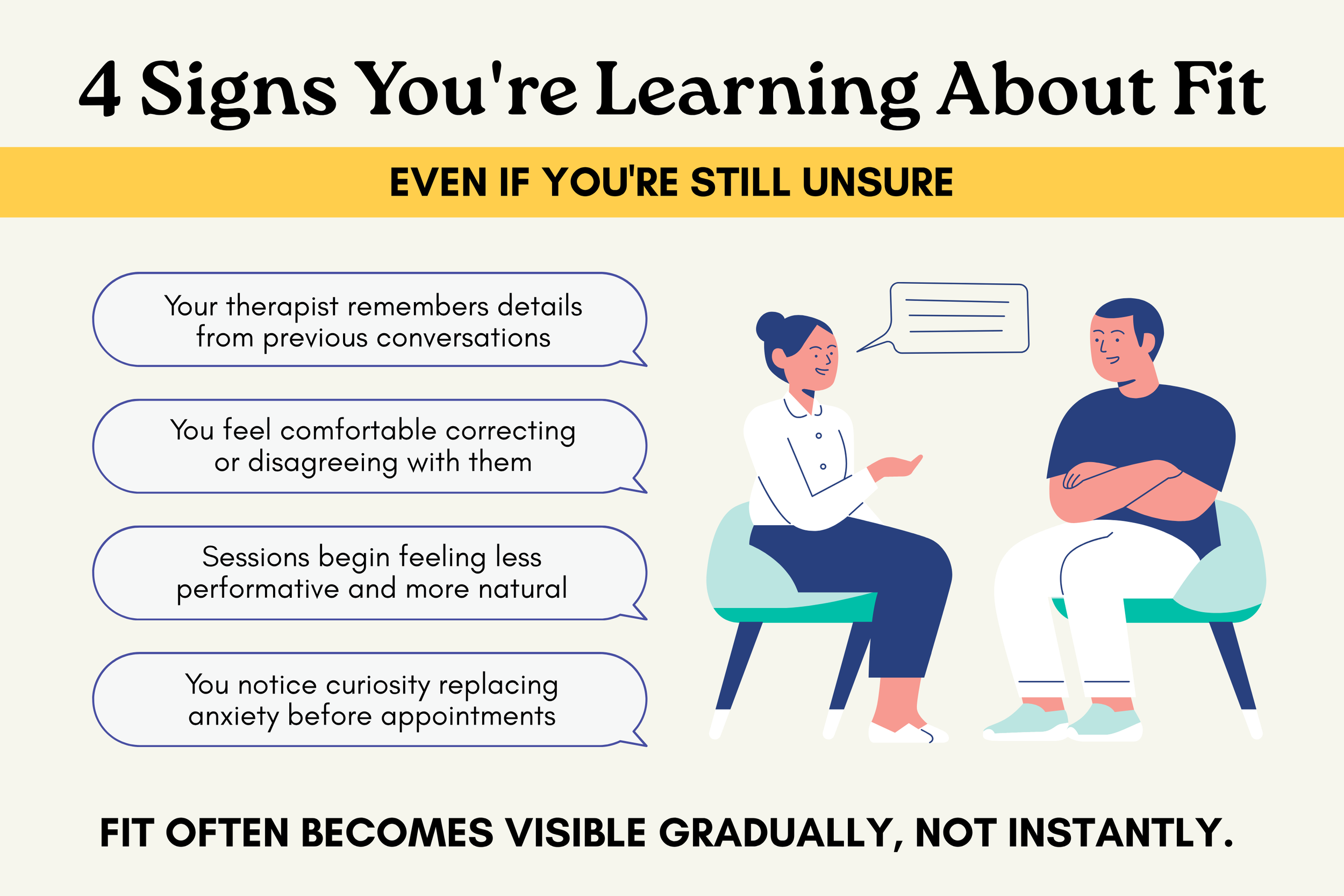 Therapy fit indicators that often emerge after several sessions, including trust building, open communication, therapist consistency, and reduced anxiety before appointments.