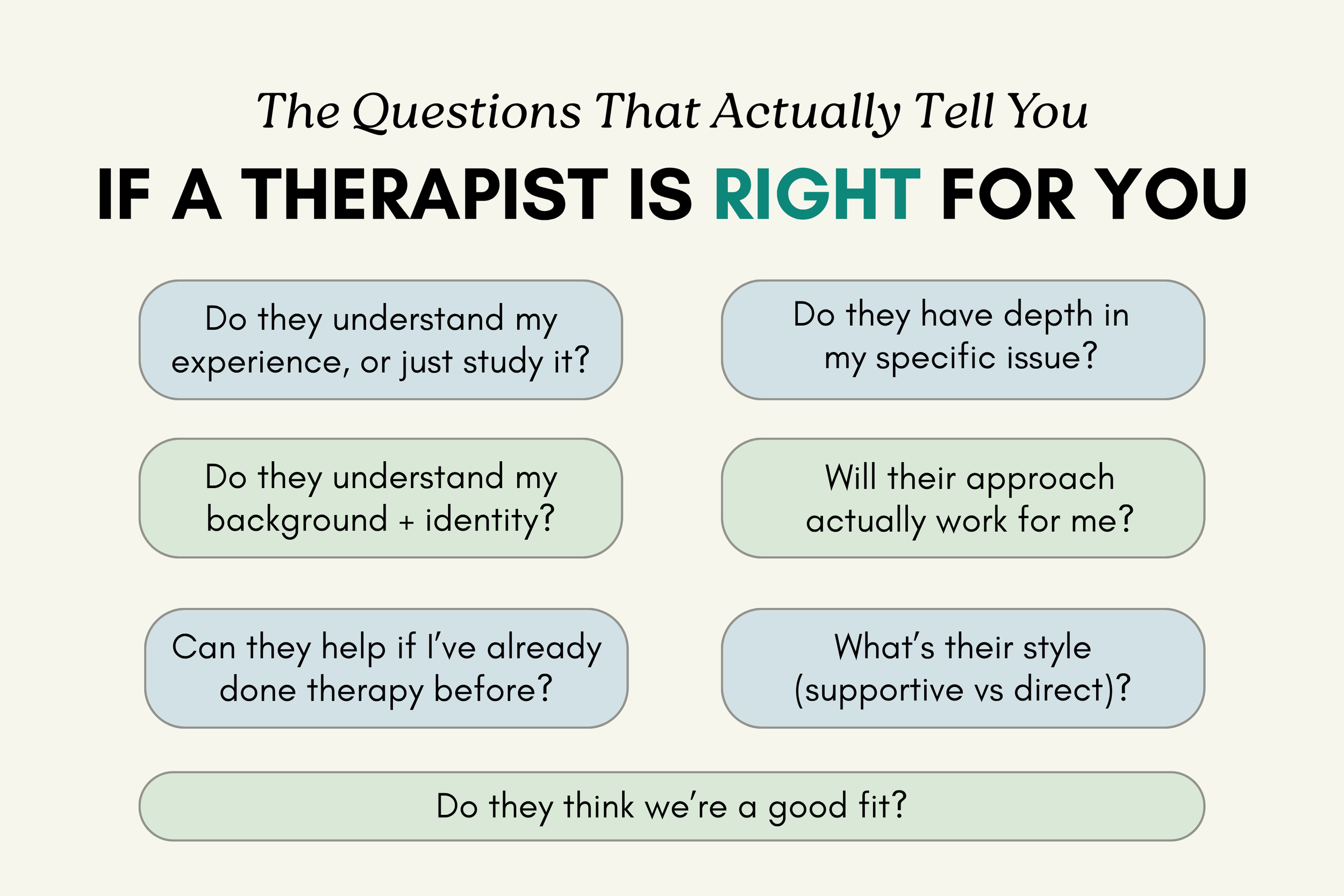 Questions to ask a therapist before your first session to determine therapist fit including experience, therapy style, background understanding, and effectiveness