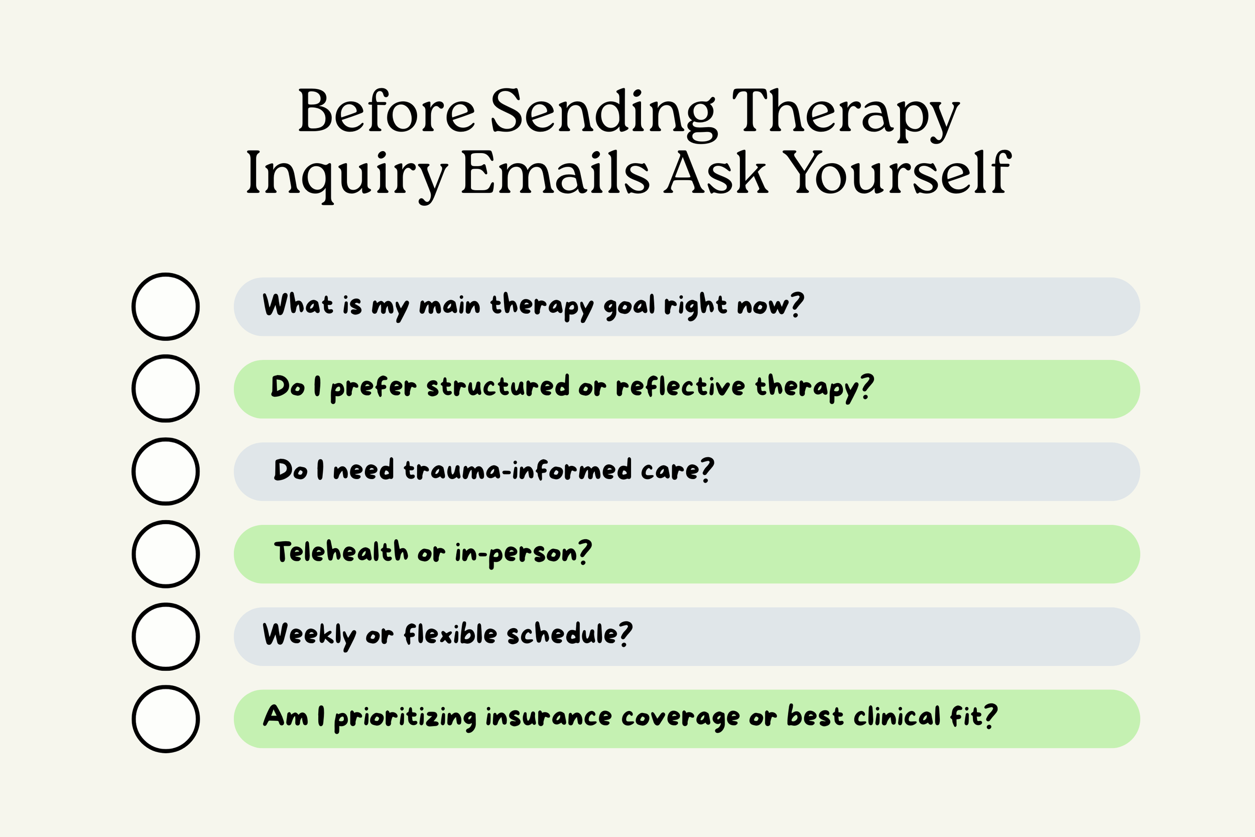 Checklist for clarifying therapy goals, preferences, and insurance priorities before contacting therapists in Sacramento.