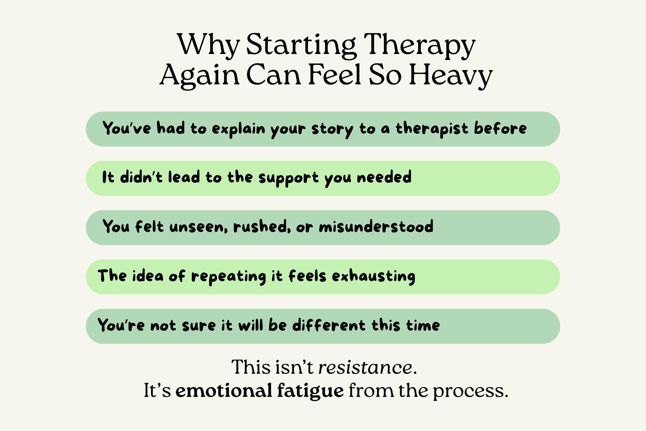 Checklist explaining emotional barriers to starting therapy again and fear of retelling trauma to a new therapist