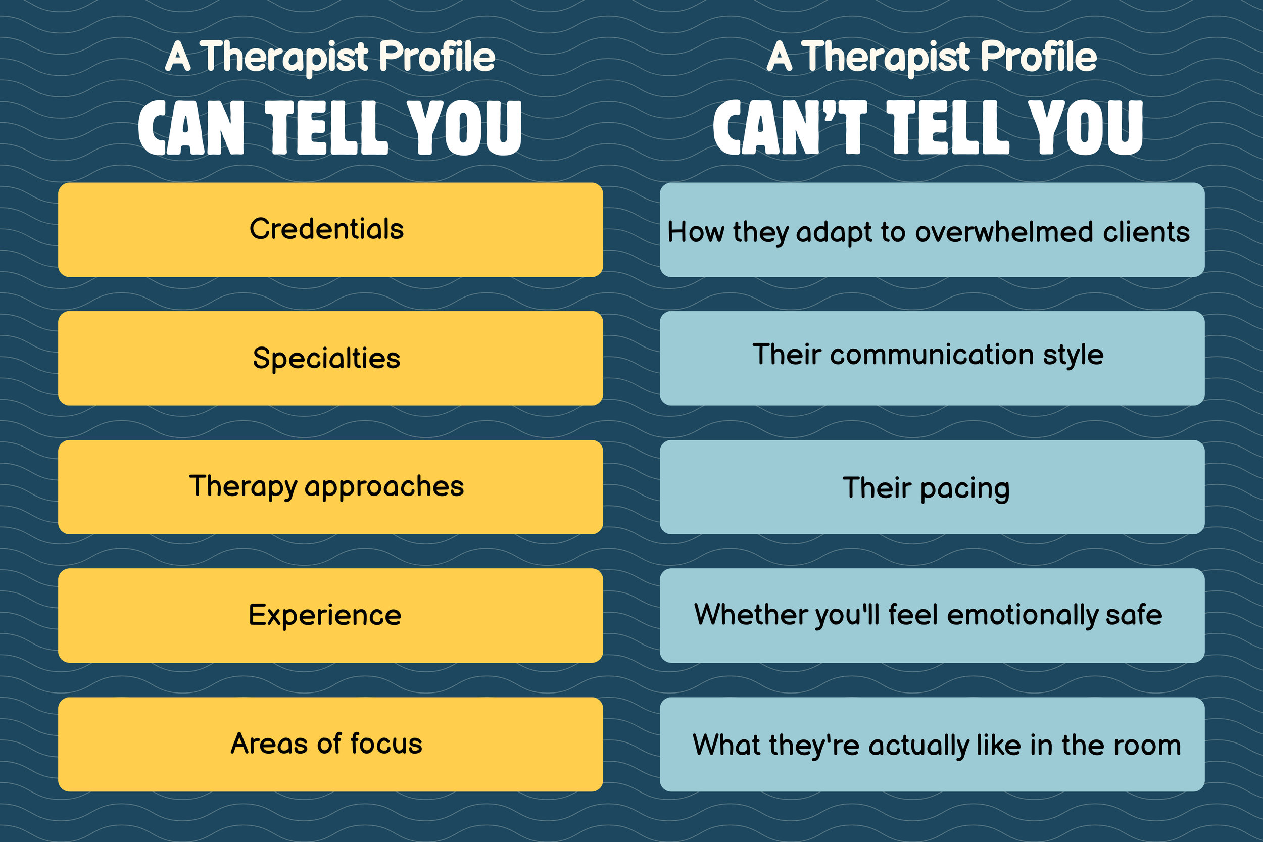 Infographic comparing what therapist bios reveal versus what they cannot reveal, including communication style, pacing, emotional safety, and therapy fit.