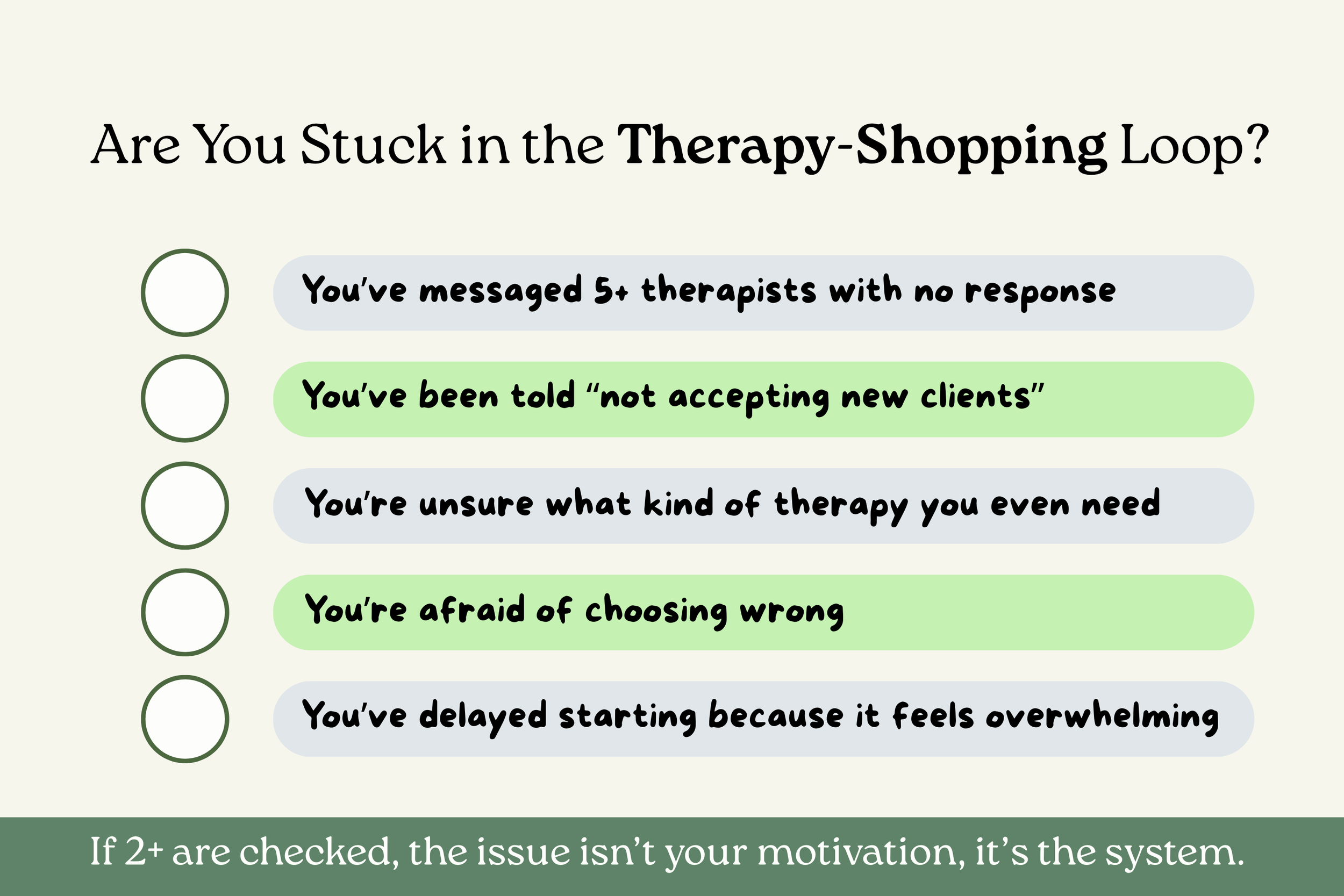 Checklist showing signs of being stuck in therapy shopping loop in Sacramento including no responses and fear of choosing the wrong therapist.