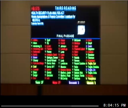 Passage of HB 575 shows on the board in the house of representatives.