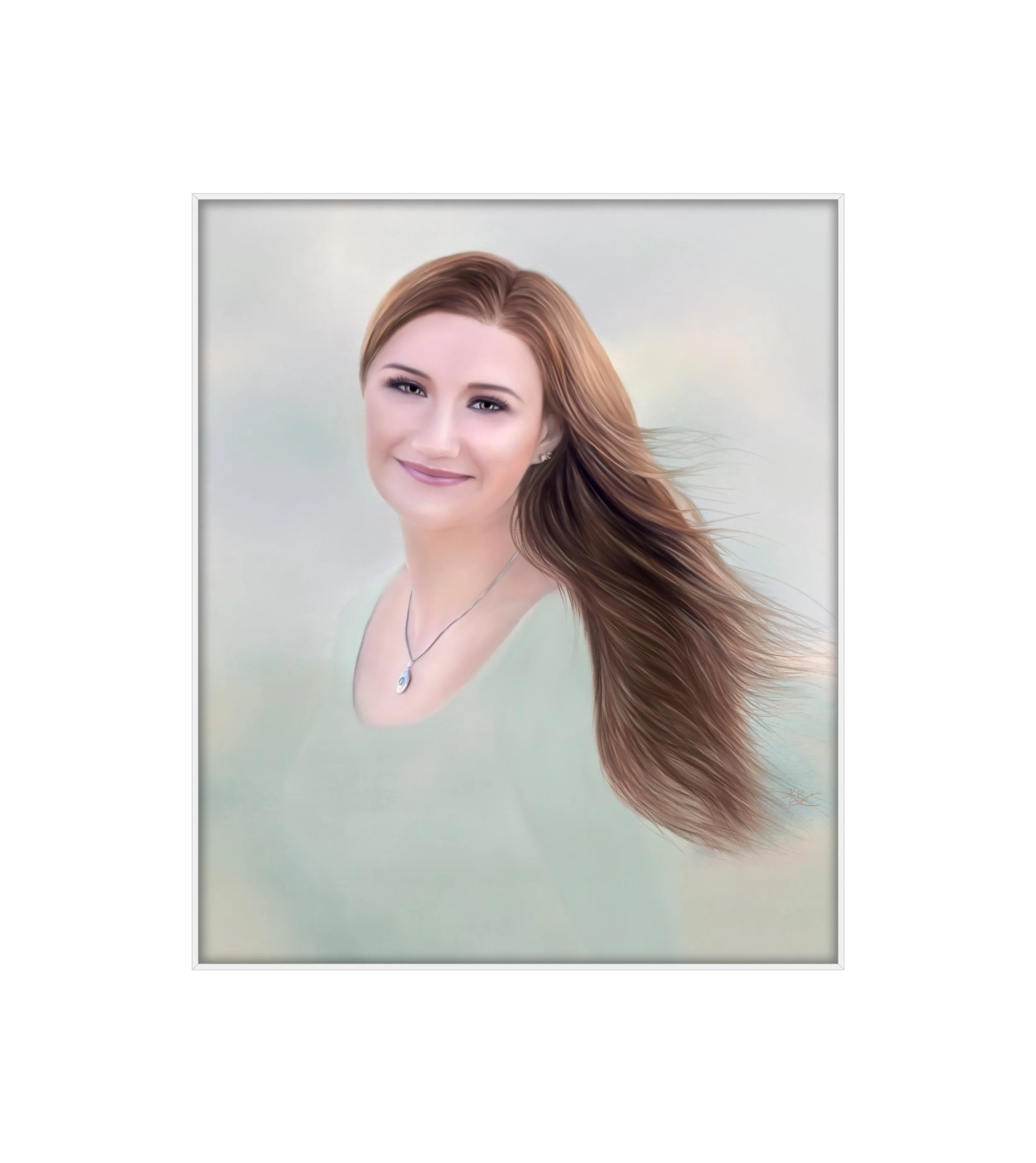 Digital portrait of a smiling woman with long, flowing red hair, wearing a light-colored top and a silver necklace with a blue gemstone pendant, against a soft blurred background. Painted by Kathleen Barber Fine Art.