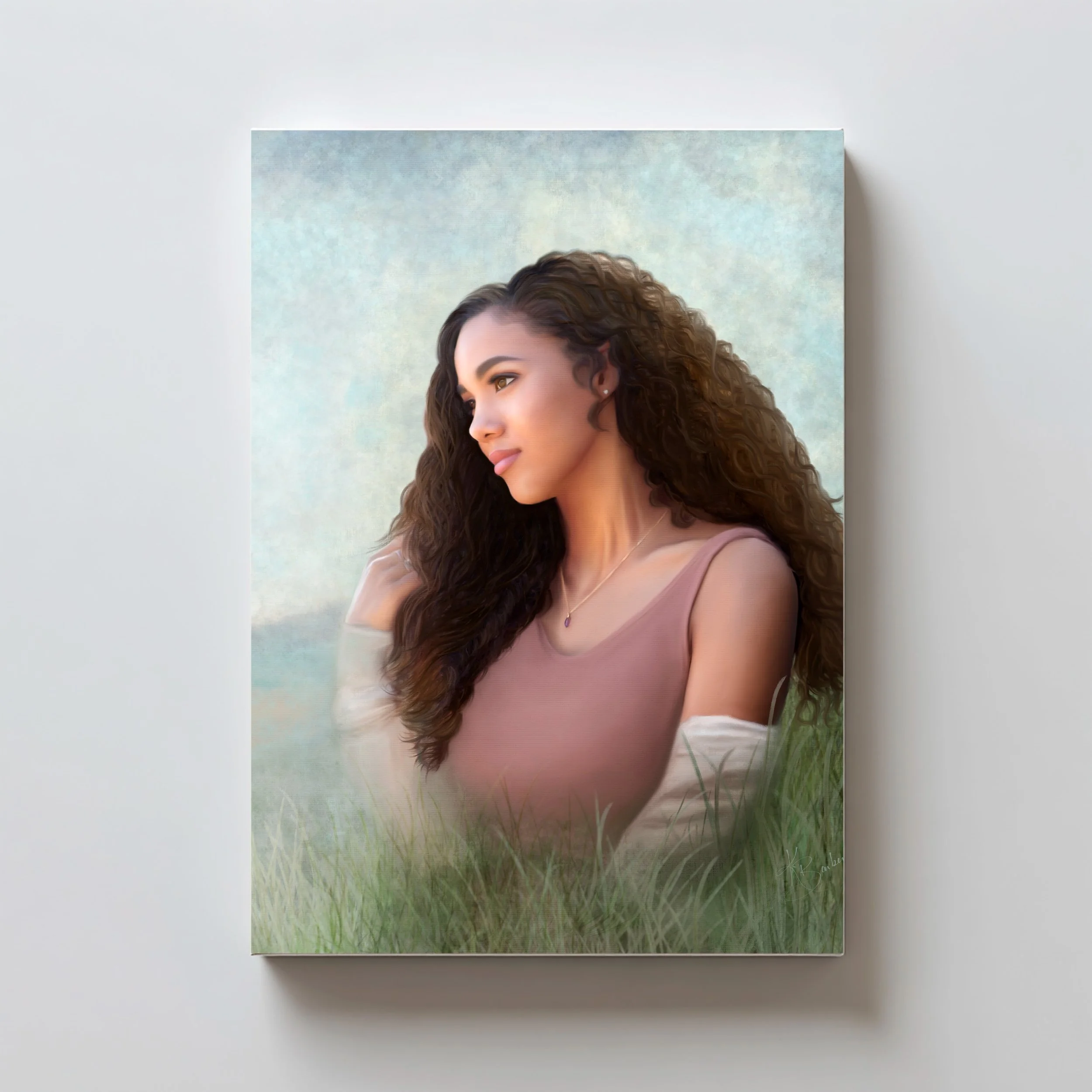 A painting of a young woman with long, curly hair, looking to the side, wearing a pink sleeveless top and a necklace, in a grassy field with a soft, cloudy sky background.