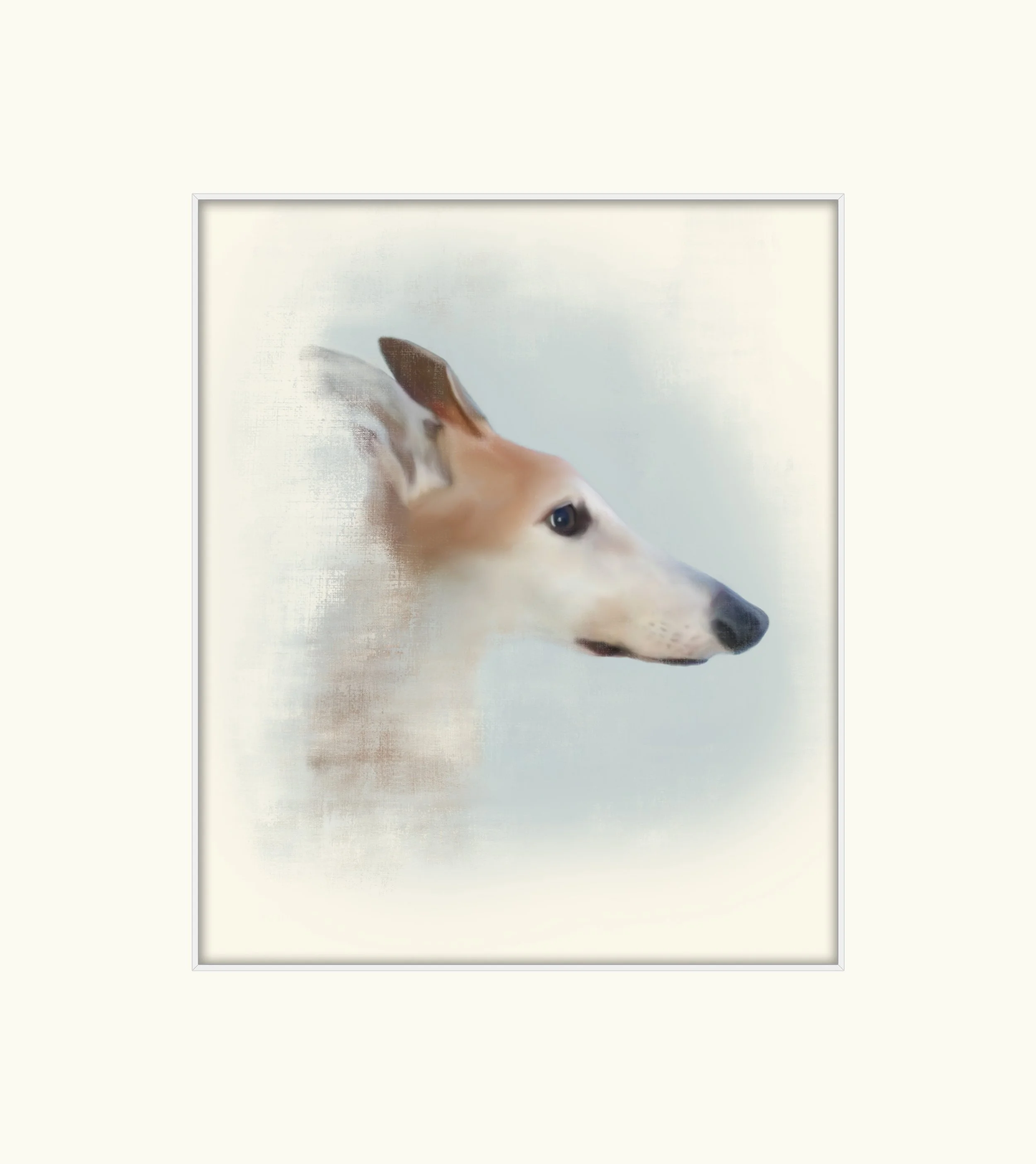 Digital art of a dog with a realistic head and a painted, abstract background.