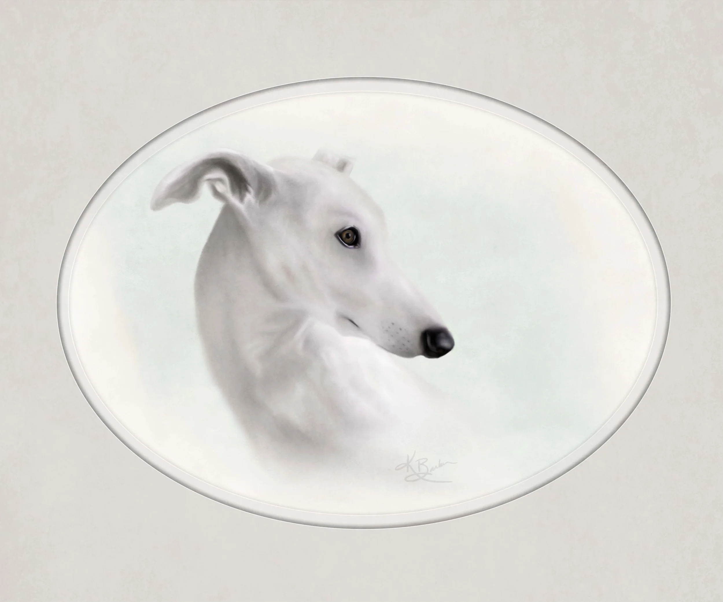 A realistic painting of a white dog that resembles a Greyhound, displayed on an oval panel against a light beige textured background.