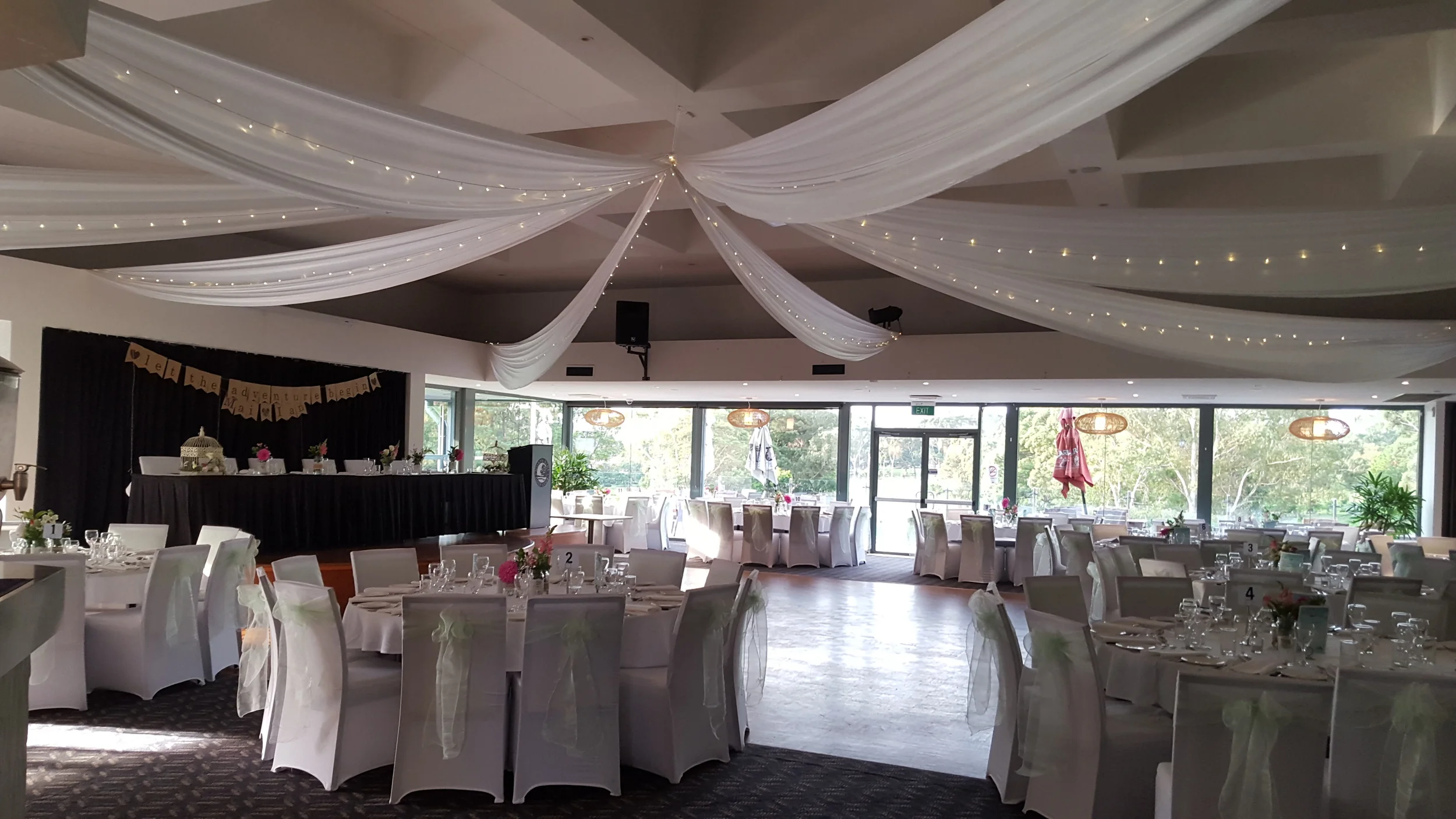 White silk ceiling drapes with fairy lights by Fairytale Events - North Ryde Golf Club