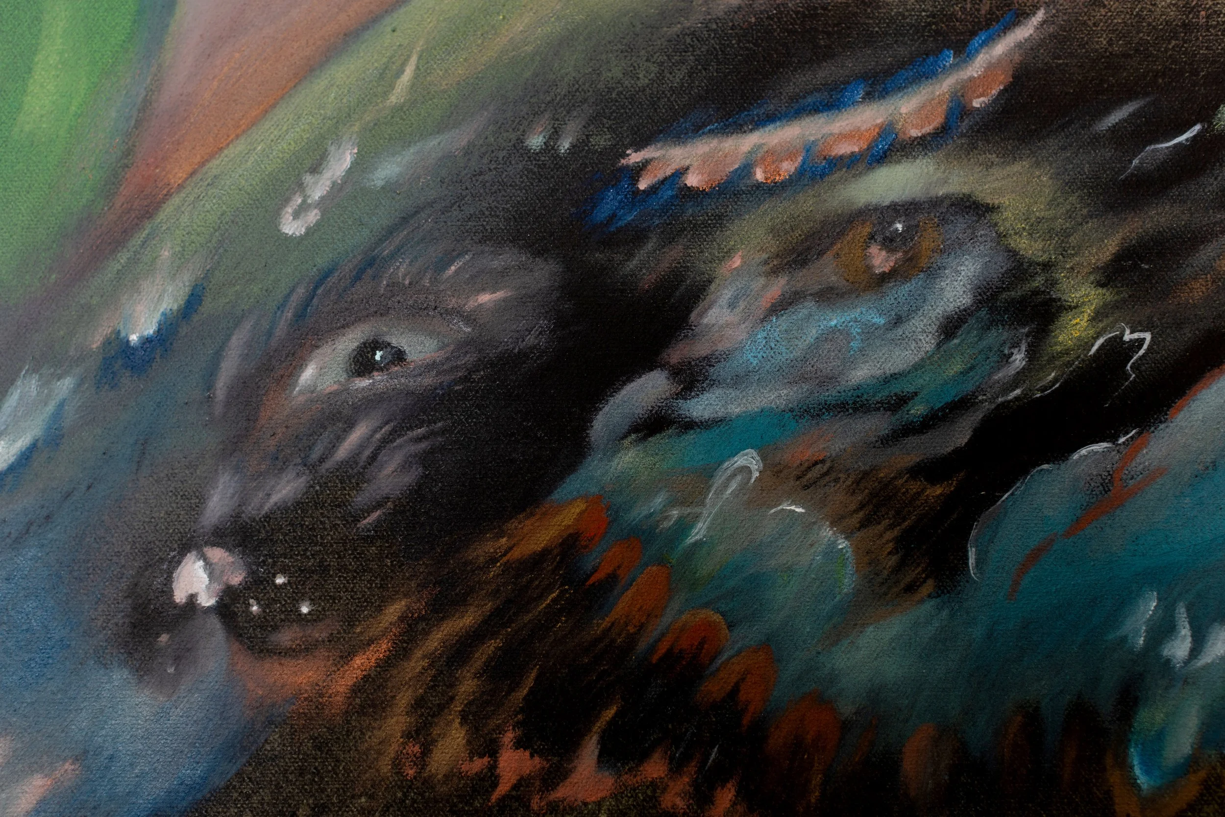Detail view of Weather Land, 36x48 inches, ink and oil on canvas, 2024.