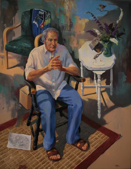 Seated Figure with Still life and Sparrow. Oil on canvas, 36"x48"