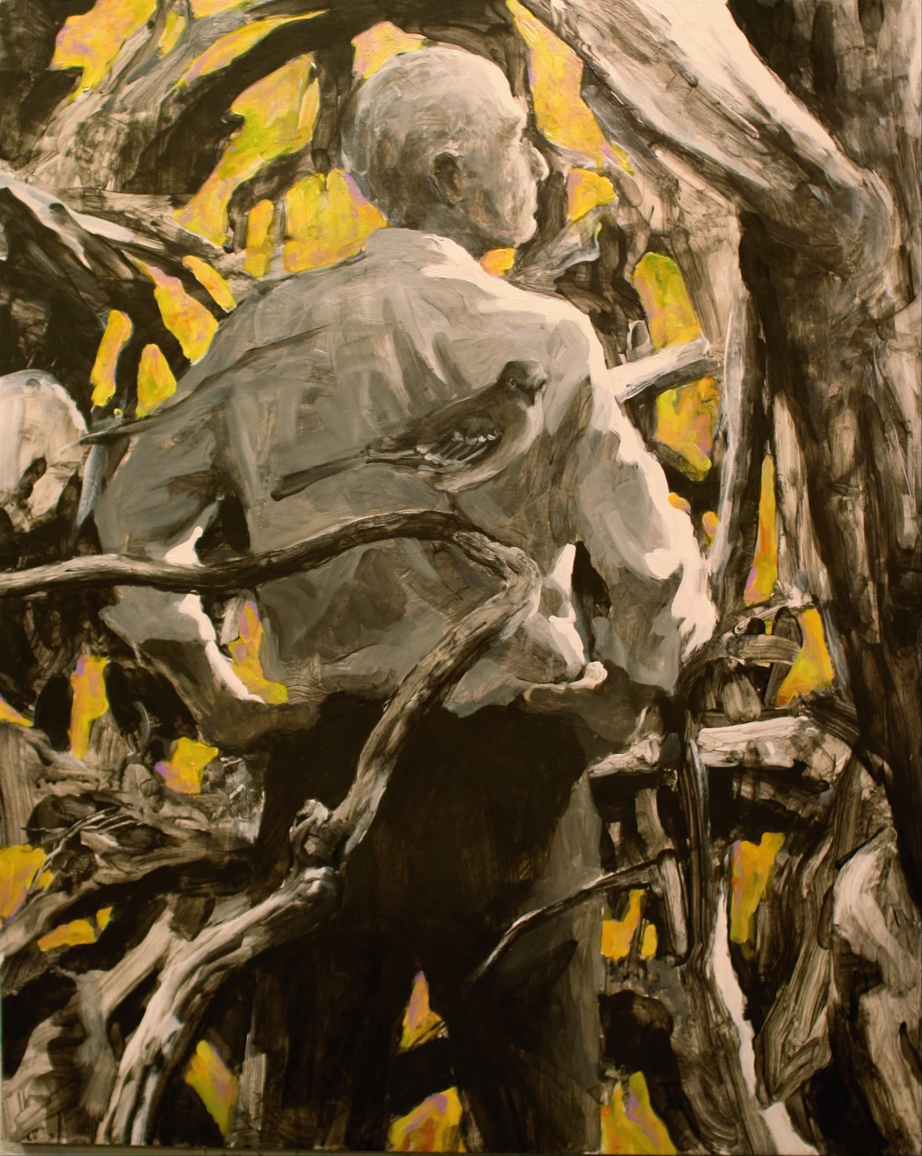 Appalachian Birdsong, Mockingbird. Charcoal, acrylic, polymer, on panel. 26"x32".