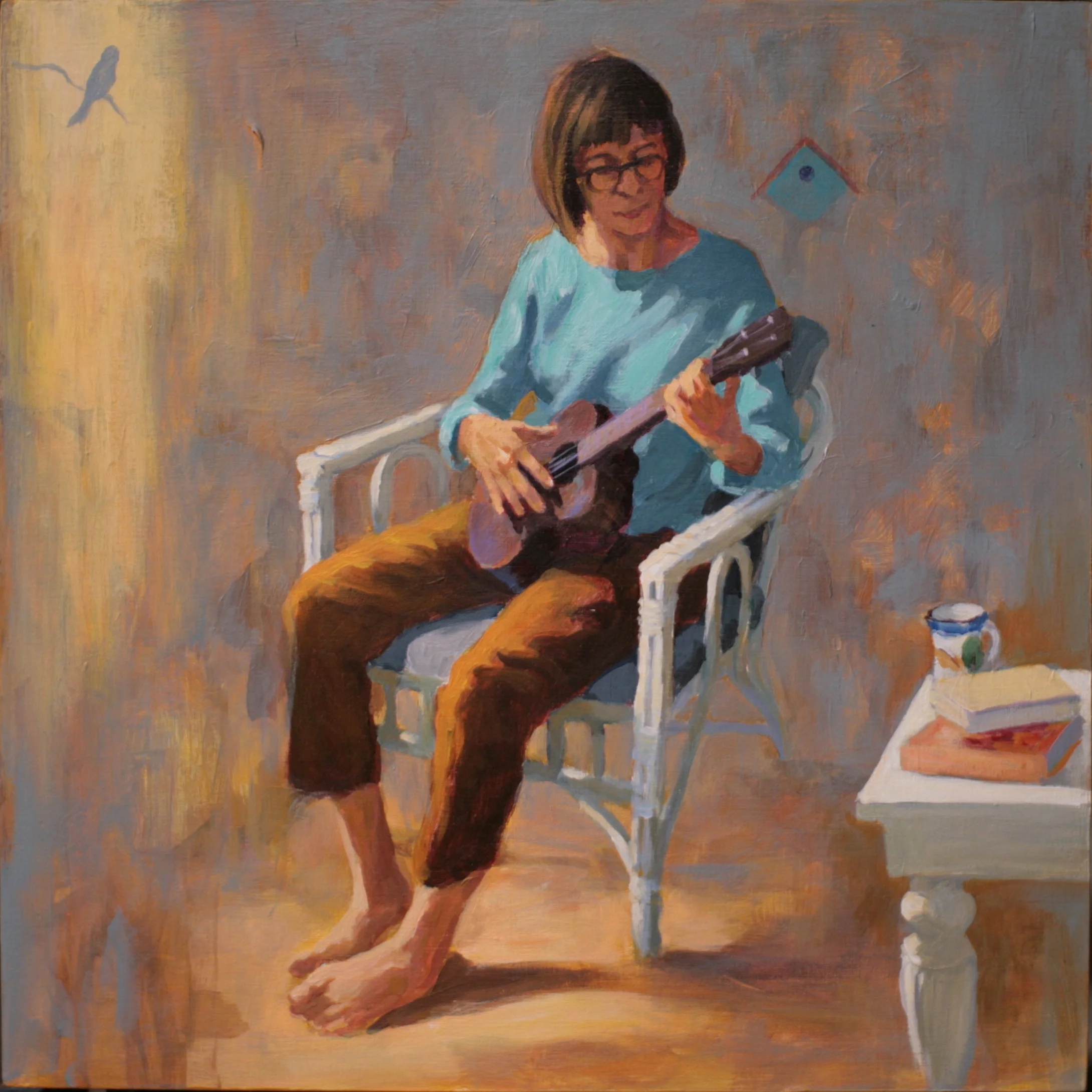 Beth playing the Ukulele, 12"x12"