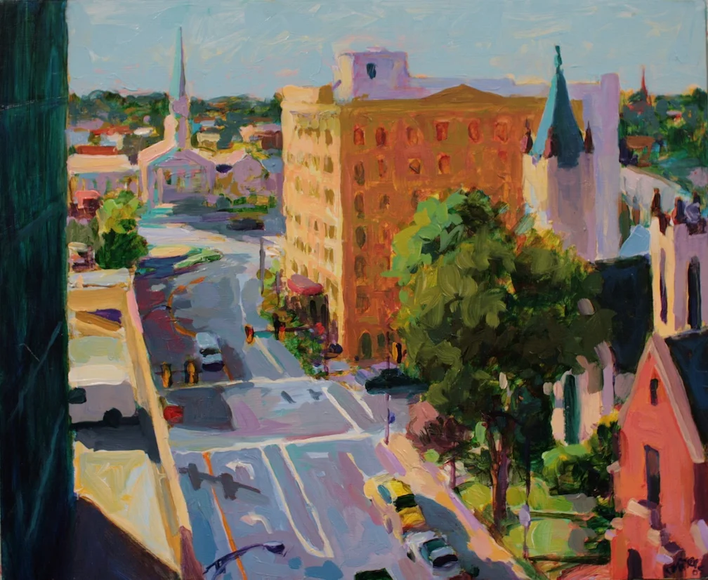 parking garage series; view from Richardson St. Garage, acrylic on panel 9"x12".