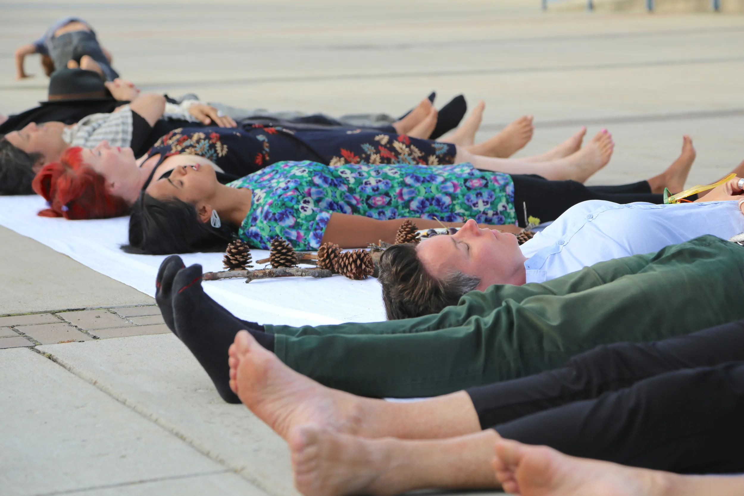 Shifting our bodies in public space: a laying meditation acknowledging the body, land and nourishment. 