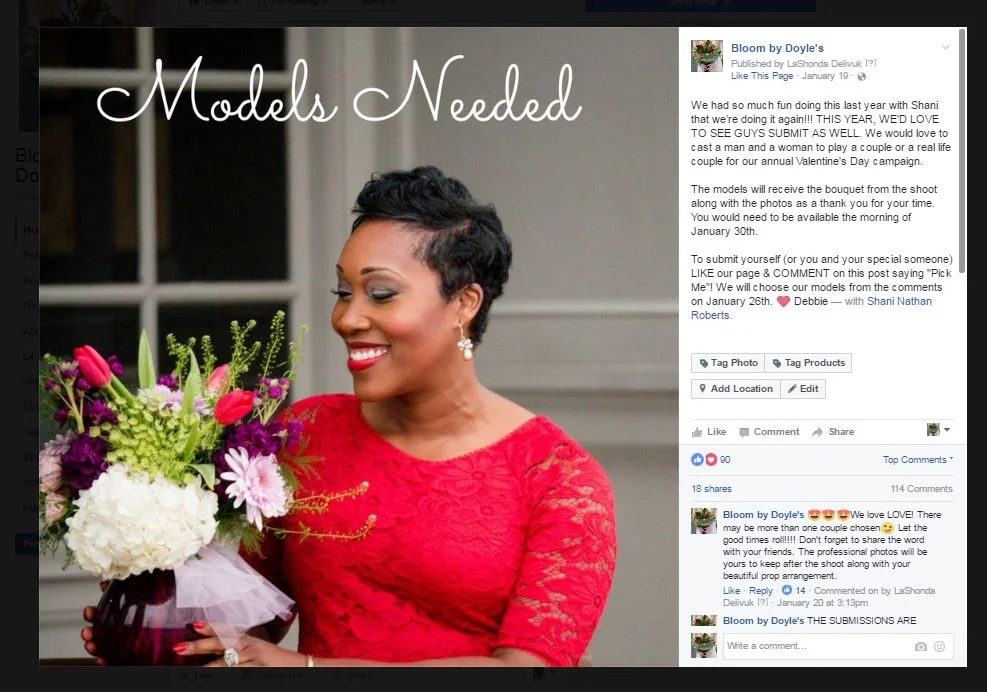 This post had $15 in ad spend. We chose 5 couples from the comments to model for us. FB ENGAGEMENT: 90 likes, 114 comments & 18 shares reaching over 9k people in a week.