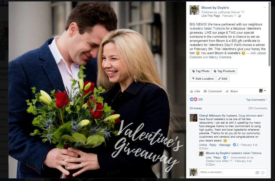One of the couples, Jesse & Mercy Connors became our featured couple. We used them for the cover photo, profile pic & giveaway image. Their photo also received a $15 ad spend for a total of $30 spent on FB ads. FB ENGAGEMENT: 235 comments, 205 likes & 24 shares reaching over 10k in a week.