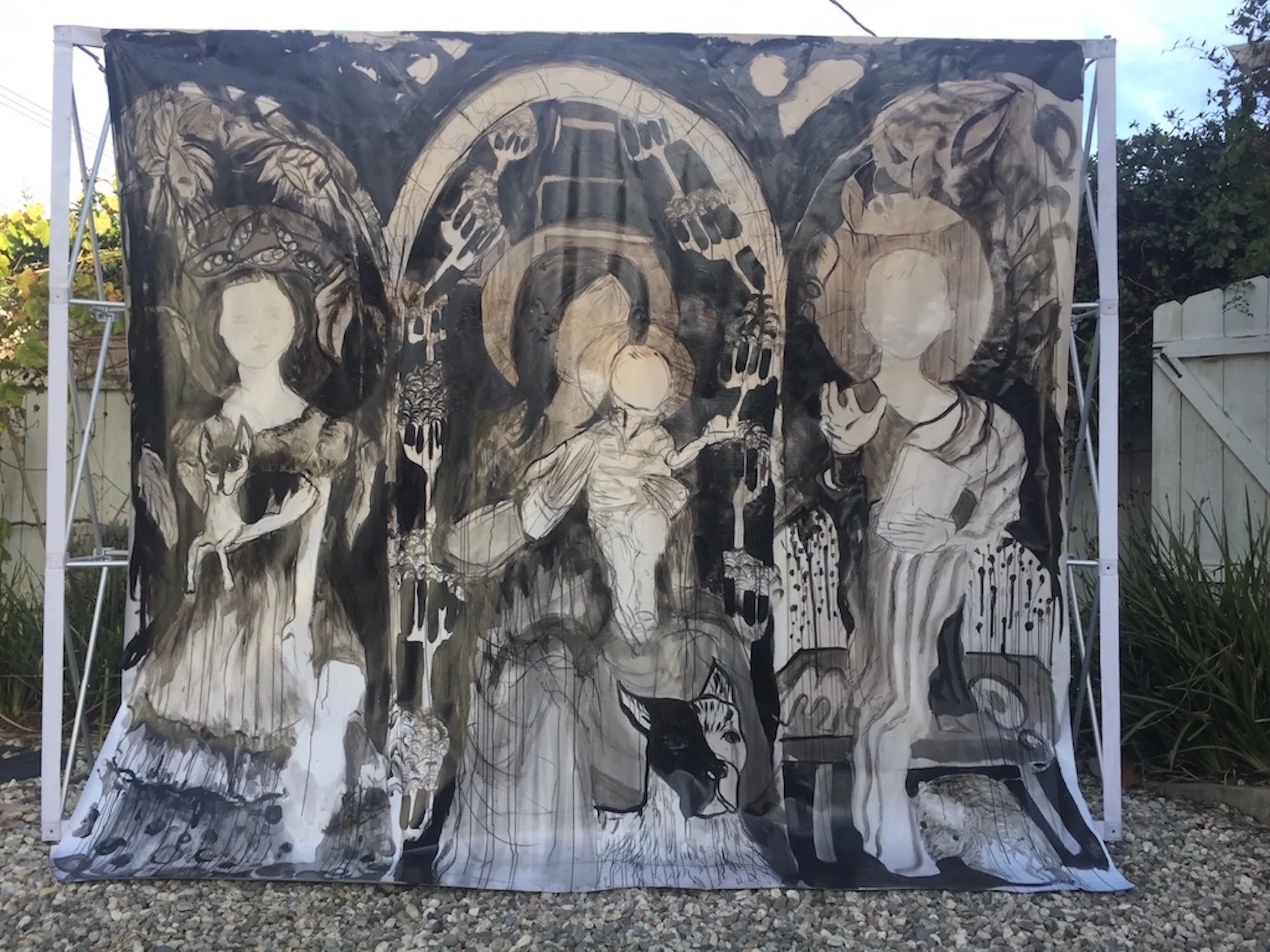 Tabernacle of the Grieving Sisters, 2016, india ink/acrylic medium/ charcoal/printed latex  97"x106"