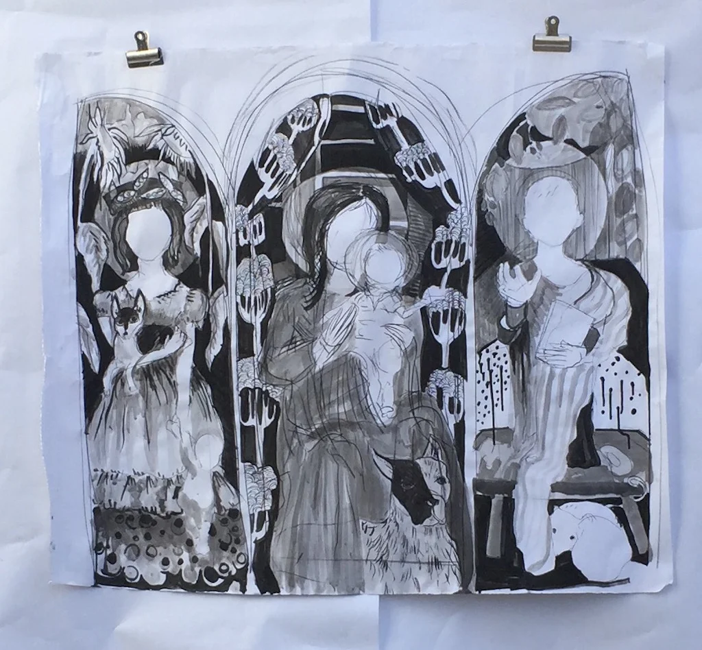 Sketch for Tabernacle of the grieving Sisters, 2016, India ink and Conte on Paper, 50"x60"