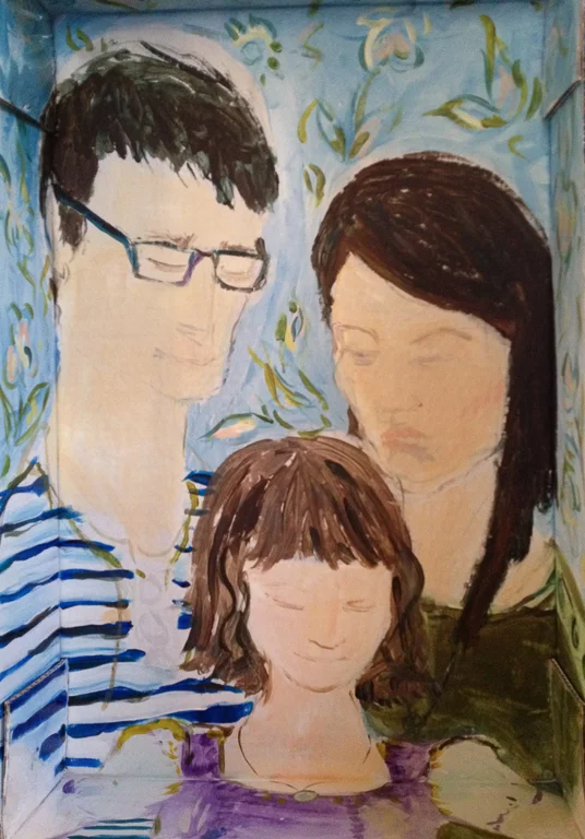 Portrait in Grief, 8/2012, Acrylic and Pen on Cardboard Funerary Box Lid, 30"x16"x4"