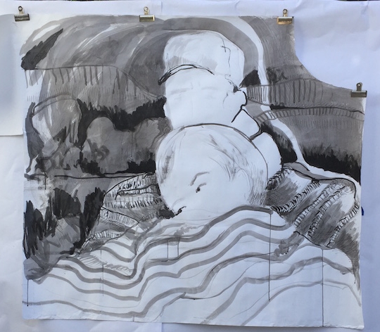 Father and Child on the Drought Stricken Banks of Lake Cachuma, 2016, india ink/ marker on paper, 50"x60" 
