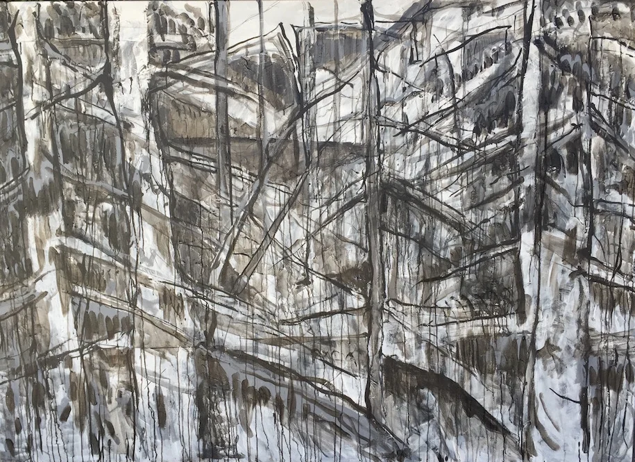 forest for the trees, 2016, ink/charcoal/ graphite/ acrylic medium on canvas, 62"x 84"