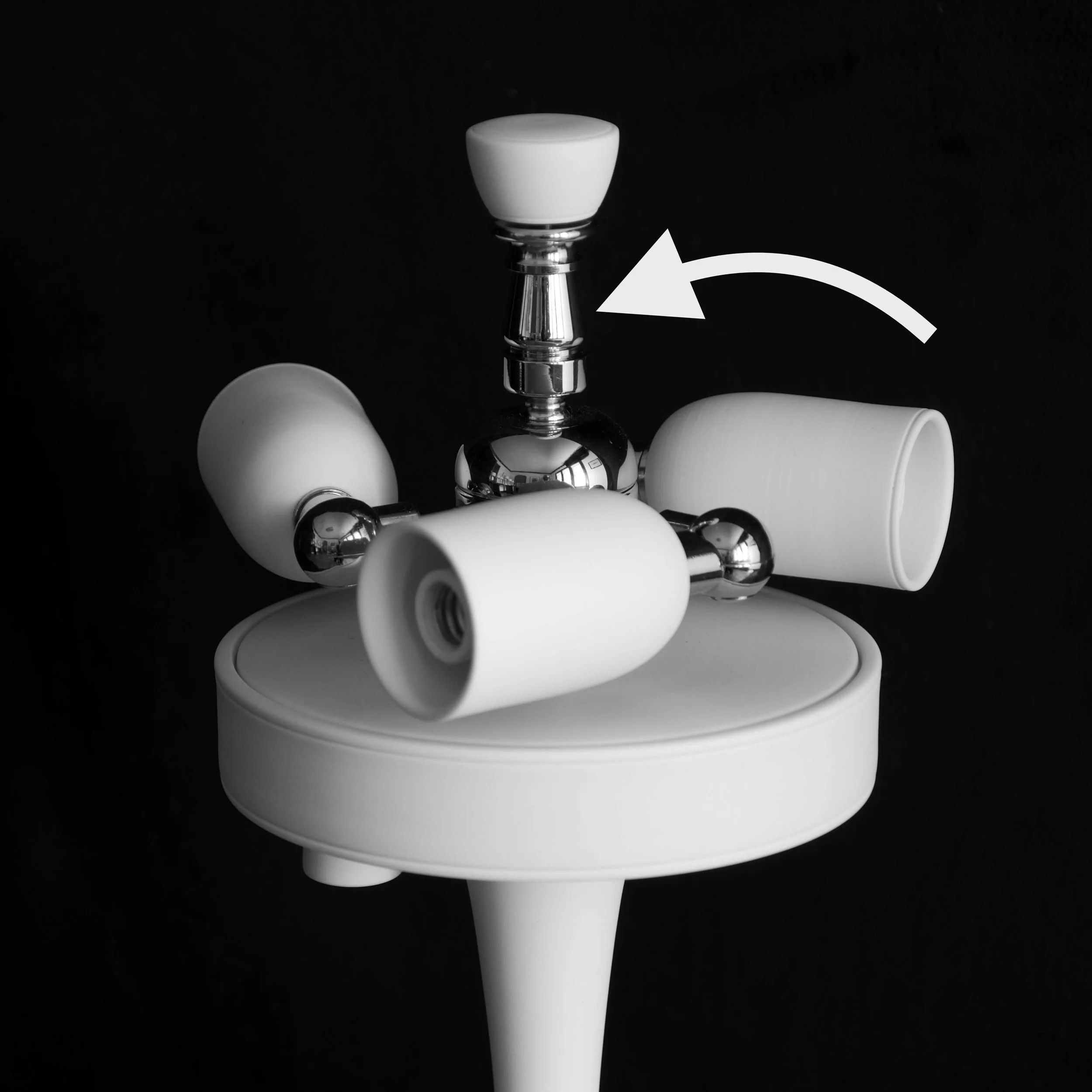  The nickel-chrome shade swivel is located between the three- porcelain socket cluster and the porcelain finial (shown just above).    CLICK YOUR BROWSER BACK BUTTON TO RETURN TO PORCELAIN LIGHTING MAIN PAGE…   