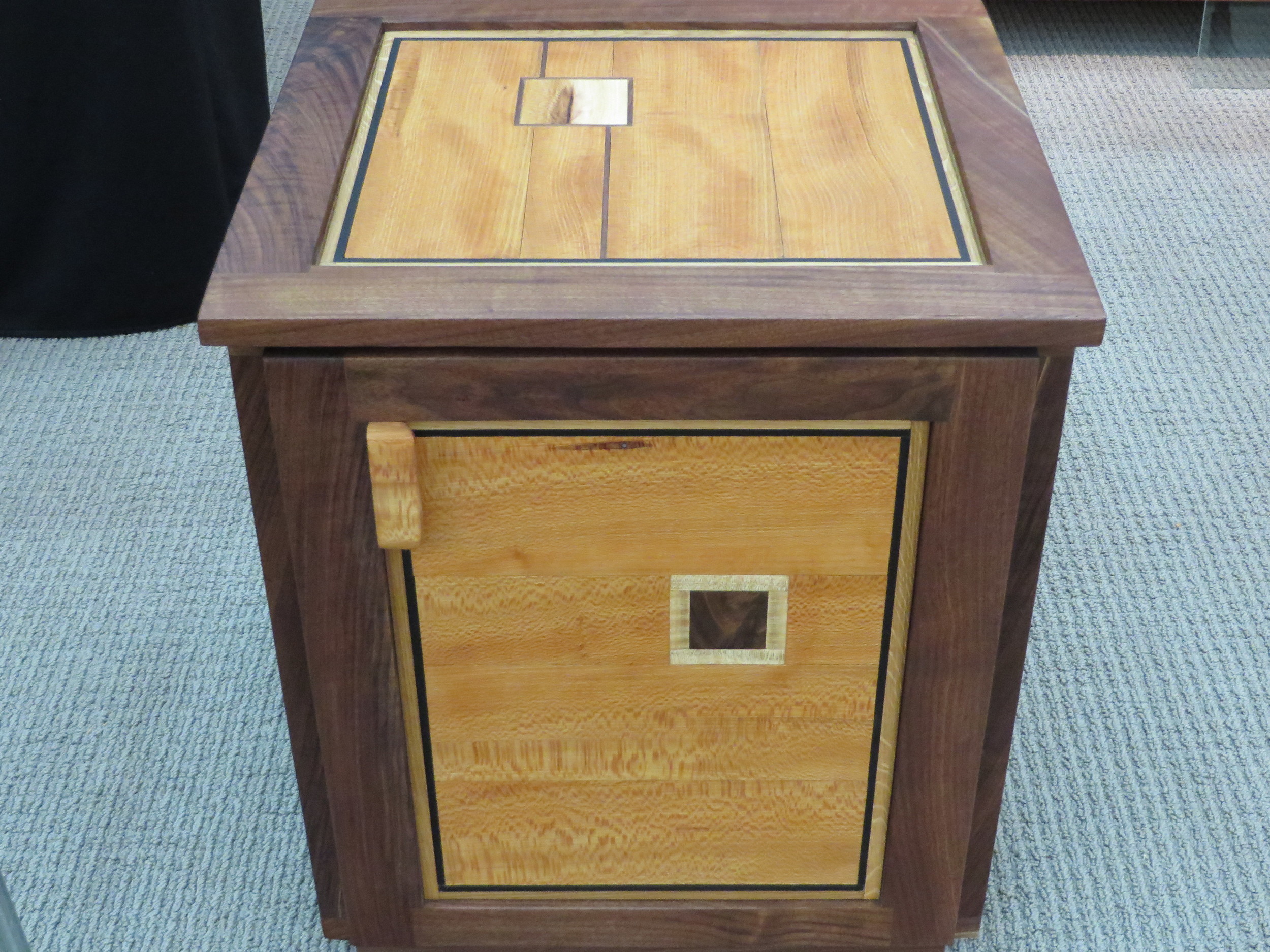 Side Table/Cabinet. Walnut Crotch and Qtr Sawn Sycamore. 20"x20"x20"