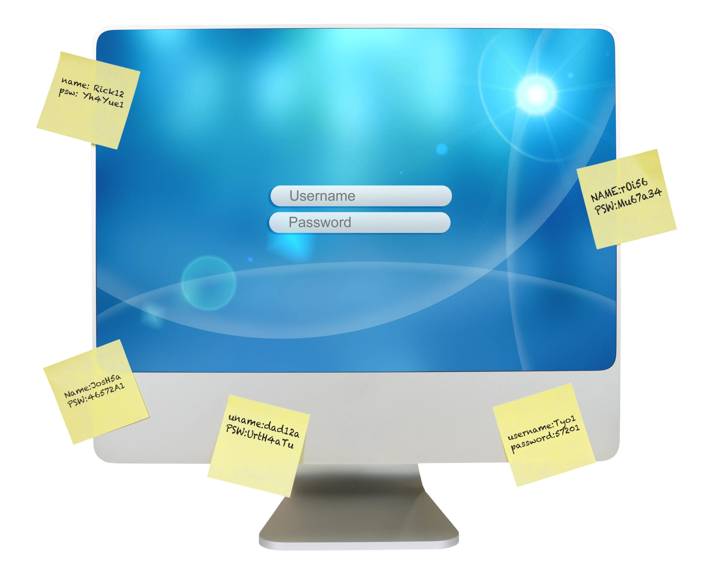 Don't write down passwords, especially on Post-It notes