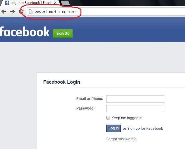 Example of a fake Facebook page, designed to steal Facebook credentials.