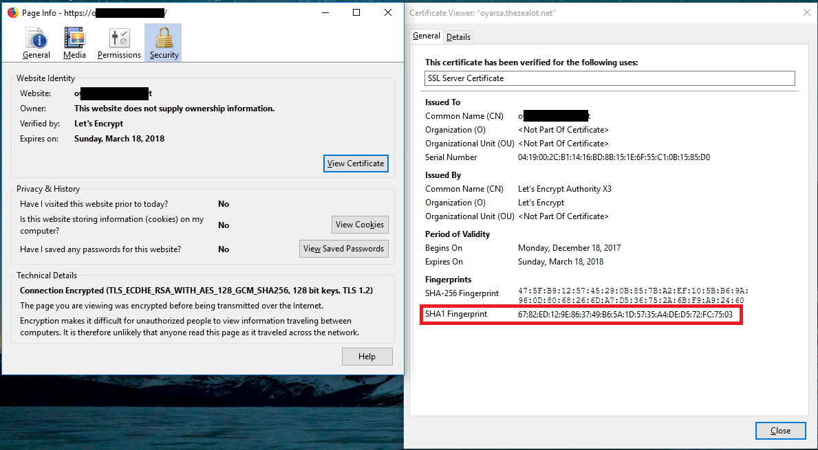 Viewing the Certificate Information, Including Fingerprints