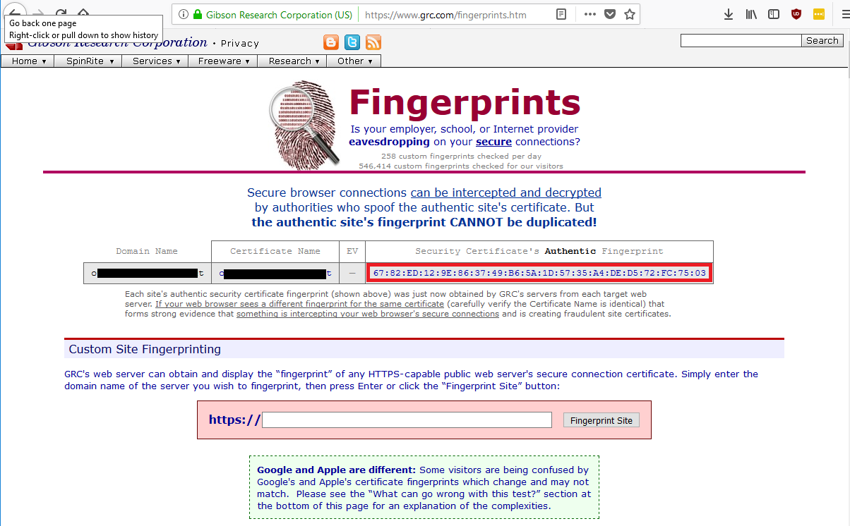 GRC's Fingerprints Website Validates Website Certificate; Compare Fingerprint with That from the Website in Question