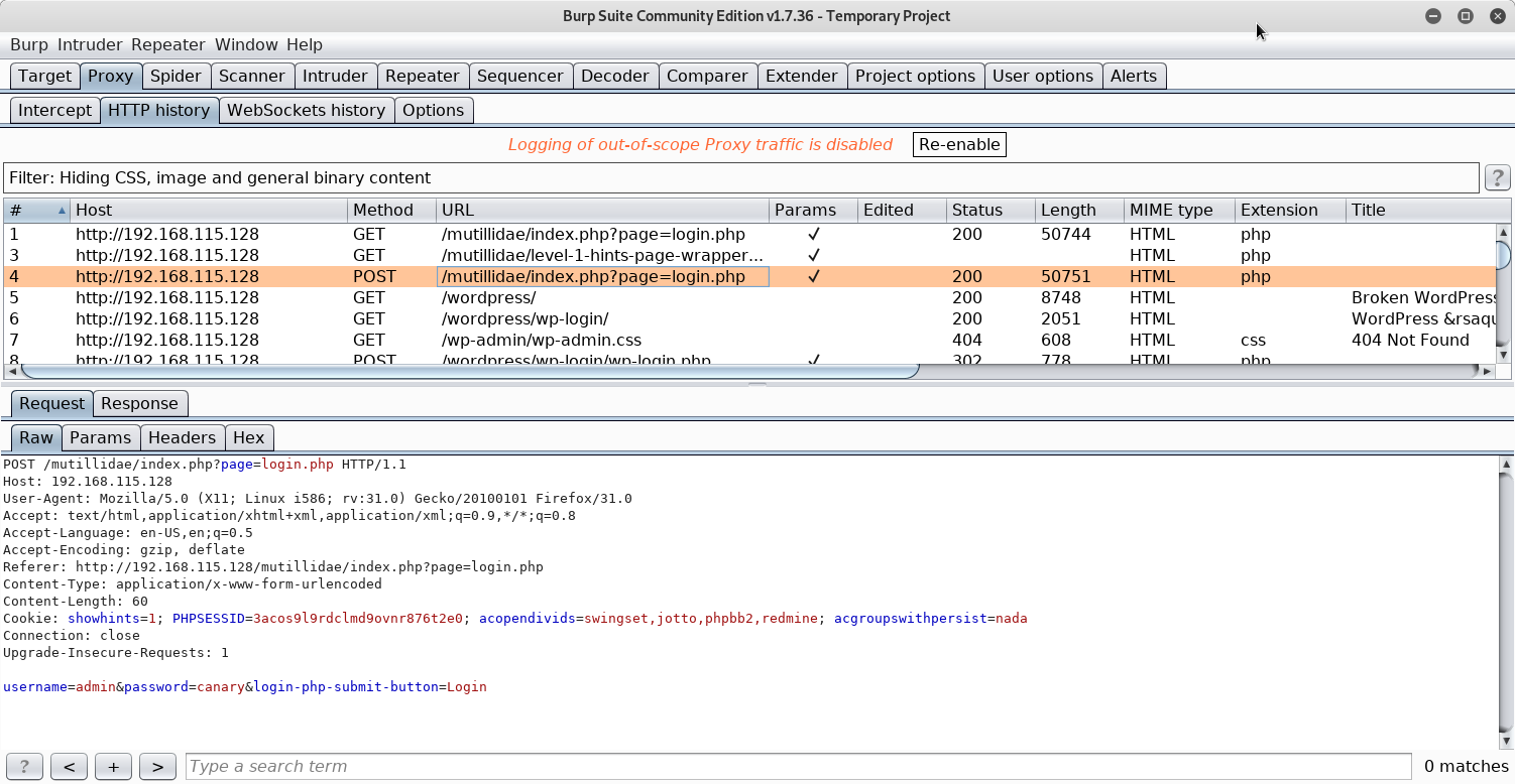 Capturing the HTTP POST Request for the Mutillidae Login (Bottom Pane)